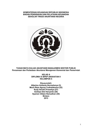 1
KEMENTERIAN KEUANGAN REPUBLIK INDONESIA
BADAN PENDIDIKAN DAN PELATIHAN KEUANGAN
SEKOLAH TINGGI AKUNTANSI NEGARA
TUGAS MATA KULIAH AKUNTANSI MANAJEMEN SEKTOR PUBLIK
Persamaan dan Perbedaan Akuntansi Manajemen Komersial dan Pemerintah
KELAS A
DIPLOMA IV BPKP ANGKATAN II
KELOMPOK 6
Disusunoleh:
Albertus Ardianto Normaharya (3)
Moch Reza Agung Yudhalaksana (22)
Rudy Hendra Prasetiya (27)
Sulistyo Dwi Haryanto (29)
Syamsir Afdam Ramadhan (30)
Bintaro
2013
 