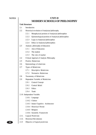 NOTES
30
UNIT-II
MODERN SCHOOLS OF PHILOSOPHY
Unit Structure
2.1 Introduction
2.2 Historical revolution of Analytical philosophy
2.2.1 Metaphysical position of Analytical philosophies
2.2.2 Epistemological position of Analytical philosophies
2.2.3 Logic in Analytical philosophies
2.2.4 Ethics in Analytical philosophies
2.3 Analytic philosophy in Education
2.3.1 Aim of Education
2.3.2 The student
2.3.3 The role of teacher
2.4 Critical Apprisal of Analytic Philosophy
2.5 Positive Relativism
2.6 Epistomology of relativism
2.7 Types of Relativism
2.7.1 Descriptive Relativism
2.7.2 Normative Relativism
2.8 Taxomomy of Relativism
2.9 Dependent Variable of Relativism
2.9.1 Central Concept
2.9.2 Central Belief
2.9.3 Ethics
2.9.4 Truth
2.10. Independent Variable
2.10.1 Language
2.10.2 Culture
2.10.3 Innate Cognitive Architecture
2.10.4 Historical Period
2.10.5 Religion
2.10.6 Scientific Framework
2.11. Logical Positivism
2.12. Historical Revolutions
2.13 Objective of logical positivism
 