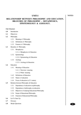 NOTES
1
UNIT-I
RELATIONSHIP BETWEEN PHILOSOPHY AND EDUCATION.
BRANCHES OF PHILOSOPHY – METAPHYSICS,
EPISTEMOLOGY & AXIOLOGY.
Unit Structure
1.0 Introduction
1.1 Objectives
1.2 Philosophy
1.2.1 Meaning of Philosophy
1.2.2 Definitions of Philosophy
1.2.3 Features of Philosophy
1.3 Branches of Philosophy
1.3.1 Metaphysics
1.3.1.1 Metaphysics & Education
1.3.2 Epistemology
1.3.2.1 Epistemology & Education
1.3.3 Axiology
1.3.3.1 Axiology & Education
1.4 Education
1.4.1 Meaning of Education
1.4.1.1 Narrower meaning
1.4.1.2 Wider meaning
1.4.2 Definitions of Education
1.4.3 Nature of education
1.4.4 Focus of education in 21st
century
1.5 Relation between Philosophy & Education
1.5.1 Dependence of education on philosophy
1.5.2 Dependence of philosophy on education
1.5.3 Objectives of studying Educational Philosophy
1.5.4 Scope of Educational Philosophy
1.5.5 Function of Educational Philosophy
1.6 Let Us Sum Up
1.7 Glossary
1.8 Model Questions
 