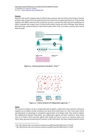 Improving Customer Performance as a Guide for Business Model Innovation
A. Hohenberg, A.O. Ciriello, W. Graupner
April 2012 - www.change-the-rules.com/paper1.pdf
P a g e 16
Danone
Danone is the world´s largest producer of fresh dairy products. But one of the tricky things is that the
products take a long time to be produced but only a short time to expire (see Figure 10). They worked
together with IBM to optimize their production process, improve their planning and scheduling and
better integrate their supply chain to reduce both product waste and stock shortage. Now Danone
generates high- quality production optimization plans within only 15 minutes, a process that used to
take two days.
Figure 10: Danone process innovation - from
13
Figure 11: Celina network of independent agencies.
13
Celina
The insurance industry can be a complicated web of agents, underwriters and customers, all bound
together by an endless number of policies and claim forms (See Figure 11). That´s why when Celina
was looking for an advantage in competition against their much larger rivals, they chose to tighten
the collaboration between themselves, 500 independent agents and their customers. Now Celina
uses an IT-system which provides agents with simple and secure access to customer policy and
claims data, payment processing and customer credit information. By these implementations Celina
13
ftp://ftp.software.ibm.com/software/solutions/soa/pdfs/SmartWorkBrochure1123.pdf
13
ftp://ftp.software.ibm.com/software/solutions/soa/pdfs/SmartWorkBrochure1123.pdf
 