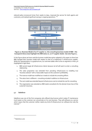 Improving Customer Performance as a Guide for Business Model Innovation
A. Hohenberg, A.O. Ciriello, W. Graupner
April 2012 - www.change-the-rules.com/paper1.pdf
P a g e 17
reduced policy turnaround times from weeks to days, improved the service for both agents and
customers, and realized significant savings in ongoing operations.
1413
Figure 12: Business Model of an IT supplier vs. the consulting business model of IBM – the
transparent blue areas highlight the IBM status vs. an IT supplier dealer. See also Figure 1.
In the Figure above we have used the business model description adapted in this paper to show how
IBM changed their business model with respect to that of a traditional IT infrastructure supplier.
While this representation is a graphical one, our overview tables refer to the six segments in lines 3-8
(highlighted in light blue).
1. IBM cannot target all infrastructure clients because not all will want to enter a consulting
relationship.
2. The value proposition was extended from providing infrastructure to installing true
“business solution” with a measurable impact on the customer’s profitability.
3. The revenue model was modified as it needs to include the consulting efforts.
4. The value chain is different – consulting included in addition to infrastructure.
5. The cost model was extended beyond infrastructure cost to include the cost for consulting.
6. The organization was extended as IBM needs consultants for the domain know how of the
customer’s business.
5.7 Salesforce
Salesforce was one of the first companies who offered cloud service which makes IT maintenance
much easier so the customer can concentrate on his core business. They sell software as a service
which means that the customer neither needs any kind of infrastructure nor software but only the
internet.
15
15
Salesforce.com
Operating Model
Value Proposition
Target
Segment(s)
Products /
Services
Revenue
Model
Value
Chain
Cost
Model
Organisation
Business Model
 