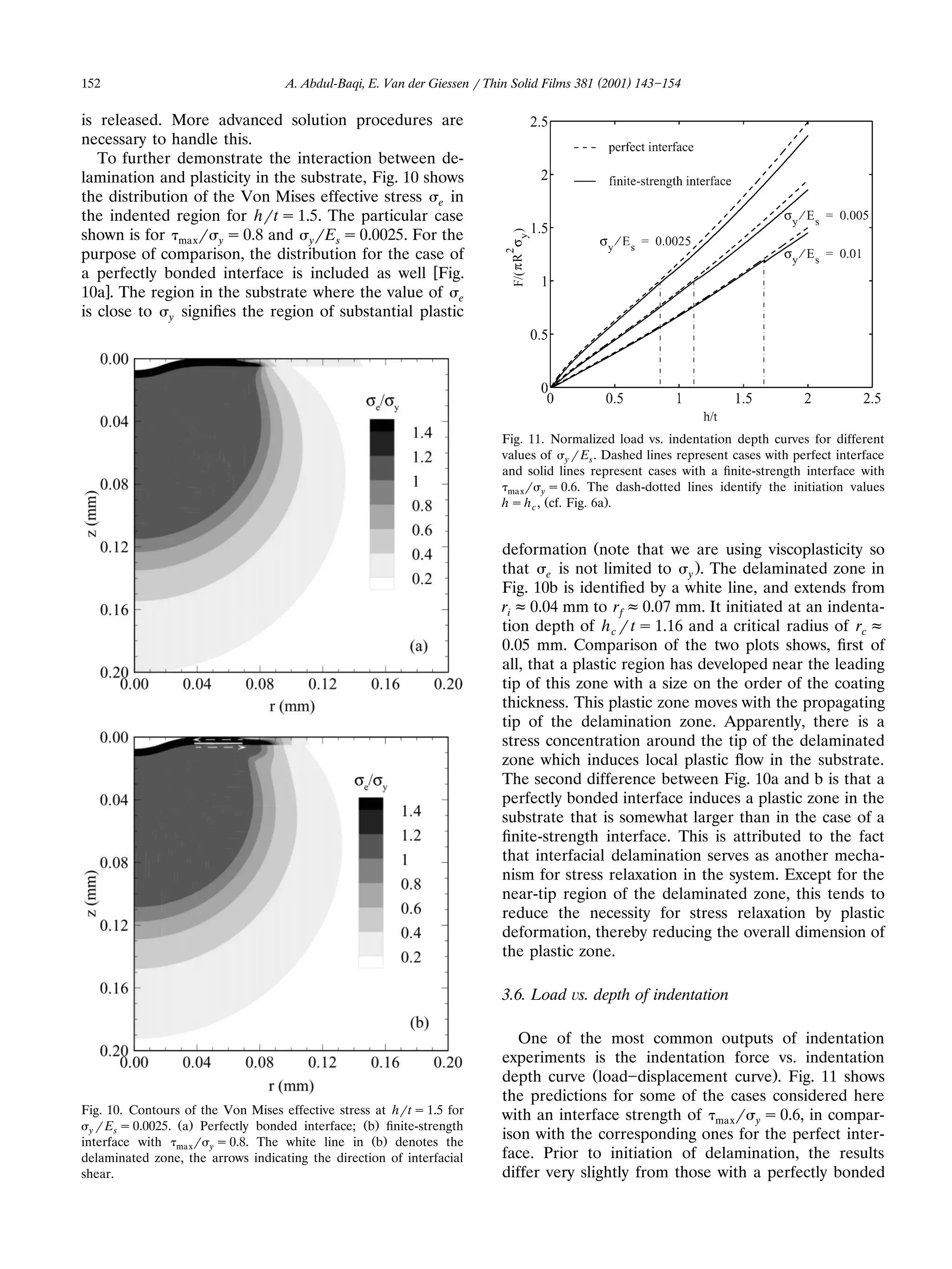 152                                 A. Abdul-Baqi, E. Van der Giessen r Thin Solid Films 381 (2001) 143 154

is released. More advanced solution procedures are
necessary to handle this.
   To further demonstrate the interaction between de-
lamination and plasticity in the substrate, Fig. 10 shows
the distribution of the Von Mises effective stress e in
the indented region for hrt s 1.5. The particular case
shown is for maxr y s 0.8 and yrEs s 0.0025. For the
purpose of comparison, the distribution for the case of
a perfectly bonded interface is included as well wFig.
10ax. The region in the substrate where the value of e
is close to y signiﬁes the region of substantial plastic




                                                                          Fig. 11. Normalized load vs. indentation depth curves for different
                                                                          values of y r Es . Dashed lines represent cases with perfect interface
                                                                          and solid lines represent cases with a ﬁnite-strength interface with
                                                                           ma x r y s 0.6. The dash-dotted lines identify the initiation values
                                                                          h s h c , Žcf. Fig. 6a..


                                                                          deformation Žnote that we are using viscoplasticity so
                                                                          that e is not limited to y .. The delaminated zone in
                                                                          Fig. 10b is identiﬁed by a white line, and extends from
                                                                          ri f 0.04 mm to r f f 0.07 mm. It initiated at an indenta-
                                                                          tion depth of h c r t s 1.16 and a critical radius of rc f
                                                                          0.05 mm. Comparison of the two plots shows, ﬁrst of
                                                                          all, that a plastic region has developed near the leading
                                                                          tip of this zone with a size on the order of the coating
                                                                          thickness. This plastic zone moves with the propagating
                                                                          tip of the delamination zone. Apparently, there is a
                                                                          stress concentration around the tip of the delaminated
                                                                          zone which induces local plastic ﬂow in the substrate.
                                                                          The second difference between Fig. 10a and b is that a
                                                                          perfectly bonded interface induces a plastic zone in the
                                                                          substrate that is somewhat larger than in the case of a
                                                                          ﬁnite-strength interface. This is attributed to the fact
                                                                          that interfacial delamination serves as another mecha-
                                                                          nism for stress relaxation in the system. Except for the
                                                                          near-tip region of the delaminated zone, this tends to
                                                                          reduce the necessity for stress relaxation by plastic
                                                                          deformation, thereby reducing the overall dimension of
                                                                          the plastic zone.

                                                                          3.6. Load ¨ s. depth of indentation

                                                                             One of the most common outputs of indentation
                                                                          experiments is the indentation force vs. indentation
                                                                          depth curve Žload displacement curve.. Fig. 11 shows
                                                                          the predictions for some of the cases considered here
Fig. 10. Contours of the Von Mises effective stress at hrt s 1.5 for      with an interface strength of maxr y s 0.6, in compar-
  y r Es s 0.0025. a Perfectly bonded interface; b ﬁnite-strength
                   Ž .                            Ž .
interface with ma xr y s 0.8. The white line in Žb. denotes the
                                                                          ison with the corresponding ones for the perfect inter-
delaminated zone, the arrows indicating the direction of interfacial      face. Prior to initiation of delamination, the results
shear.                                                                    differ very slightly from those with a perfectly bonded
 