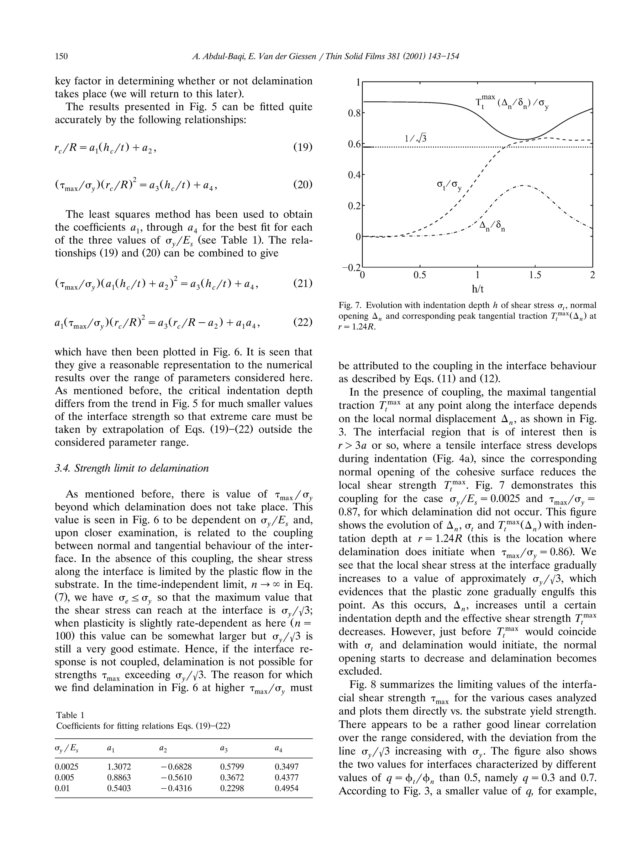150                                       A. Abdul-Baqi, E. Van der Giessen r Thin Solid Films 381 (2001) 143 154

key factor in determining whether or not delamination
takes place Žwe will return to this later..
  The results presented in Fig. 5 can be ﬁtted quite
accurately by the following relationships:

rcrRs a1Ž h crt . q a2 ,                                            Ž 19 .


Ž    max r y
               .Ž rcrR . 2 s a3 Ž h crt . q a4 ,                    Ž 20.

   The least squares method has been used to obtain
the coefﬁcients a1 , through a4 for the best ﬁt for each
of the three values of yrEs Žsee Table 1.. The rela-
tionships Ž19. and Ž20. can be combined to give

Ž    max r y
               .Ž a1Ž h crt . q a2 . 2 s a3 Ž h crt . q a4 ,        Ž 21.

                                                                                Fig. 7. Evolution with indentation depth h of shear stress t , normal
                           2                                                    opening n and corresponding peak tangential traction Ttma x Ž n . at
        max r y
a1Ž               .Ž rcrR . s a3 Ž rcrRy a2 . q a1 a4 ,             Ž 22.       r s 1.24R.


which have then been plotted in Fig. 6. It is seen that
they give a reasonable representation to the numerical                          be attributed to the coupling in the interface behaviour
results over the range of parameters considered here.                           as described by Eqs. Ž11. and Ž12..
As mentioned before, the critical indentation depth                                In the presence of coupling, the maximal tangential
differs from the trend in Fig. 5 for much smaller values                        traction Ttmax at any point along the interface depends
of the interface strength so that extreme care must be                          on the local normal displacement n , as shown in Fig.
taken by extrapolation of Eqs. Ž19. Ž22. outside the                            3. The interfacial region that is of interest then is
considered parameter range.                                                     r ) 3a or so, where a tensile interface stress develops
                                                                                during indentation ŽFig. 4a., since the corresponding
3.4. Strength limit to delamination                                             normal opening of the cohesive surface reduces the
                                                                                local shear strength Ttmax . Fig. 7 demonstrates this
   As mentioned before, there is value of max r y                               coupling for the case yrEs s 0.0025 and maxr y s
beyond which delamination does not take place. This                             0.87, for which delamination did not occur. This ﬁgure
value is seen in Fig. 6 to be dependent on yrEs and,                            shows the evolution of n , t and Ttmax Ž n . with inden-
upon closer examination, is related to the coupling
                                                                                tation depth at r s 1.24R Žthis is the location where
between normal and tangential behaviour of the inter-
                                                                                delamination does initiate when maxr y s 0.86.. We
face. In the absence of this coupling, the shear stress
                                                                                see that the local shear stress at the interface gradually
along the interface is limited by the plastic ﬂow in the
                                                                                increases to a value of approximately yr63, which
substrate. In the time-independent limit, n ª in Eq.
Ž7., we have e F y so that the maximum value that                               evidences that the plastic zone gradually engulfs this
the shear stress can reach at the interface is yr63;                            point. As this occurs, n , increases until a certain
when plasticity is slightly rate-dependent as here Ž n s                        indentation depth and the effective shear strength Ttmax
100. this value can be somewhat larger but yr63 is                              decreases. However, just before Ttmax would coincide
still a very good estimate. Hence, if the interface re-                         with t and delamination would initiate, the normal
sponse is not coupled, delamination is not possible for                         opening starts to decrease and delamination becomes
strengths max exceeding yr63. The reason for which                              excluded.
we ﬁnd delamination in Fig. 6 at higher maxr y must                                Fig. 8 summarizes the limiting values of the interfa-
                                                                                cial shear strength max for the various cases analyzed
Table 1                                                                         and plots them directly vs. the substrate yield strength.
Coefﬁcients for ﬁtting relations Eqs. Ž19. Ž22.                                 There appears to be a rather good linear correlation
                                                                                over the range considered, with the deviation from the
    y r Es        a1            a2                 a3          a4               line yr63 increasing with y . The ﬁgure also shows
0.0025            1.3072        y0.6828            0.5799      0.3497           the two values for interfaces characterized by different
0.005             0.8863        y0.5610            0.3672      0.4377           values of q s tr n than 0.5, namely q s 0.3 and 0.7.
0.01              0.5403        y0.4316            0.2298      0.4954           According to Fig. 3, a smaller value of q, for example,
 
