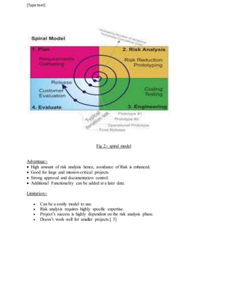[Type text] 
Fig 2:- spiral model 
Advantage:- 
 High amount of risk analysis hence, avoidance of Risk is enhanced. 
 Good for large and mission-critical projects. 
 Strong approval and documentation control. 
 Additional Functionality can be added at a later date. 
Limitation:- 
 Can be a costly model to use. 
 Risk analysis requires highly specific expertise. 
 Project’s success is highly dependent on the risk analysis phase. 
 Doesn’t work well for smaller projects.[ 3] 
 