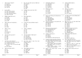 [SET-A] 05/68 (001) Page-1
1. ^vrhr esa ncs ik¡o* ds ys[kd gSa 
(A) vkse Fkkuoh
(B) gfj’kadj ijlkbZ
(C) ‘kjn tks’kh
(D) jktsanz ;kno
9. fyax] opu] dkjd vkfn ds dkj.k :i ifjorZu okys
‘kCnksa dks dgrs gSa &
(A) Ñf=e
(B) fodkjh
(C) vfodkjh
(D) foÑr
2. ‘kq) okD; Nk¡fV;s &
(A) vKs; us vusdksa xzaFk fy[ks gSaA
(B) vKs; us vusd xzaFk fy[ks gSaA
(C) vKs; us vusdksa xzaFkksa dks fy[kk gSA
(D) mijksä esa ls dksbZ ugha
10. fuEufyf[kr esa dkSu&lk ‘kCn ^ns’kt* ugha gS 
(A) ixM+h
(B) yksVk
(C) BsB
(D) lk¡>
3. ns'kkfHkeku esa iz;qDr laf/k dk uke gS &
(A) nh?kZ laf/k
(B) folxZ laf/k
(C) O;atu laf/k
(D) xq.k laf/k
11. fØ;k dh O;qRifŸk gksrh gS &
(A) /kkrq ls
(B) laKk ls
(C) loZuke ls
(D) fo’ks”k.k ls
4. ^pkSikbZ* ds izR;sd pj.k esa ek=k;sa gksrh gSa &
(A) ckjg
(B) pkSng
(C) lksyg
(D) vV~Bkjg
12. nks o.kksZa ds esy ls gksus okys ifjorZu dks dgrs gSa &
(A) laf/k
(B) milxZ
(C) laKk
(D) izR;;
5. ^’khrks”.k* dk vFkZ gS &
(A) BaMk
(B) xje
(C) BaMk vkSj xje
(D) dksbZ ugha
13. ^vjfoUn* dk i;kZ;okph gS &
(A) dey
(B) Hkzej
(C) ikol
(D) vouh
6. ^eqgkojk* fdl Hkk”kk dk ewy ‘kCn gS 
(A) laLÑr
(B) ySfVu
(C) Qkjlh
(D) vjch
14. ^dchj ok.kh ds fMDVsVj Fks* fdlus dgk gS 
(A) jkepUnz ‘kqDy
(B) ‘;ke lqUnj nkl
(C) gtkjh izlkn f}osnh
(D) ihrkEcj nŸk cM+Foky
7. m)j.k fpºu dk iz;ksx dgk¡ gksrk gS 
(A) tc dksbZ okD; vFkZ dh n`f”V ls iw.kZ gks tk;s
(B) tgk¡ dksbZ iz’u iwNk x;k gks
(C) tc fdlh ds dFku dks T;ksa&dk&R;ksa mn~/k`r
fd;k tk;
(D) buesa ls dksbZ ugha
15. O;atu ftlds mPpkj.k esa ‘okl dh de ek=k
fudyrh gS] dgykrk gS &
(A) ekSf[kd
(B) vuqukfld
(C) vuqLokj
(D) vYiizk.k
8. ^twgh dh dyh* dfork ds dfo gSa &
(A) iUr
(B) fujkyk
(C) izlkn
(D) egknsoh
16. ^fQjkd xksj[kiqjh* dk ewy uke Fkk &
(A) mek’kadj tks’kh
(B) lTtkn tghj
(C) eqfDrcks/k
(D) j?kqifr lgk;
[SET-A] 05/68 (001) Page-2
17. nsoukxjh fyfi dk fodkl gqvk &
(A) [kjks”Bh fyfi ls
(B) czkºeh fyfi ls
(C) jkseu fyfi ls
(D) Qkjlh fyfi ls
19. mŸkjk[k.M dh f}rh; jktHkk”kk gS &
(A) x<+okyh
(B) dqekÅ¡uh
(C) laLÑr
(D) tkSulkjh
18. foijhrkFkZd ‘kCn ;qXe gS &
(A) isM+&ikS/ks
(B) /khjs&/khjs
(C) tho&tUrq
(D) ykHk&gkfu
20. lkfgR; esa ^jl* dk vk’k; gS &
(A) ykSfdd vkuUn
(B) vykSfyd vkuUn
(C) euksjatu
(D) buesa ls dksbZ ugha
21. Which of the following is the characteristic of
a plant cell ?
(A) Small nucleus
(B) Large golgi bodies
(C) Small mitochondria
(D) Large vacuole
21. ikni dksf’kdk dh fuEu esa dkSu lh fo’ks”krk gksrh gS 
(A) lw{e dsUnzd
(B) fo’kky xkWYth dk;
(C) lw{e ekbVksdkWfUMª;k
(D) o`g~n fjfädk
22. The first Local Body Act was passed by the
British government in –
(A) 1885 A.D.
(B) 1858 A.D.
(C) 1919 A.D.
(D) 1935 A.D.
22. fczfV’k ‘kklu dky esa loZ izFke LFkkuh; fudk;
vf/kfu;e ikfjr fd;k x;k &
(A) 1885 bZ0 esa
(B) 1858 bZ0 esa
(C) 1919 bZ0 esa
(D) 1935 bZ0 esa
23. Ribozymes are Enzymes made of –
(A) Deoxyribonucleic Acid
(B) Hydrochloric Acid
(C) Amino Acid
(D) Ribonucleic Acid
23. jkbckstkbEl ,d ,Utkbe gS tks cus gksrs gSa &
(A) MhvkDlhjkcksU;wfDyd ,flM ls
(B) gkbMªksDyksfjd ,flM ls
(C) vehuks ,flM ls
(D) jkbcksU;wfDyd ,flM ls
24. Chambers in fish heart are –
(A) Only one
(B) Only two
(C) Only three
(D) Some have two while some have four
24. eNfy;ksa ds ân; esa fdrus dks”B gksrs gSa &
(A) dsoy ,d
(B) dsoy nks
(C) dsoy rhu
(D) fdlh esa nks o fdlh esa pkj
25. Conduction in plants taken place as following–
(A) Xylem conduct water from leaves to roots
(B) Phloem conduct water and minerals
from leaves to roots
(C) Xylem conducts water and minerals
while phloem conducts the products of
photo synthesis
(D) Phloem conducts products of photo
synthesis from roots to leaves
25. ikniksa esa ifjogu fdl izdkj gksrk gS &
(A) tkbye ifŸk;ksa ls ty dk ogu tM+ rd djrs gSa
(B) ¶yks,e ifŸk;ksa ls tM+ rd ty o [kfut dk
ogu djrs gSa
(C) tkbye ty o [kfut dk o ¶yks,e izdk’k
la’ys”k.k ds mRikn dk ogu djrs gSa
(D) ¶yks,e tM+ ls izdk’k la’ys”k.k ds mRikn dks
ifŸk;ksa rd ogu djrs gSa
26. Which is the ‘Pravesh Dwar’ of Pauri
Garhwal district ?
(A) Haridwar
(B) Rishikesh
(C) Kotdwar
(D) Dugadda
26. ikSM+h x<+oky tuin dk ^izos’k }kj^ dkSu lk gS 
(A) gfj}kj
(B) _f”kds’k
(C) dksV}kj
(D) nqxM~Mk
 