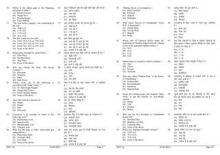 [SET-A] 05/68 (001) Page-9
76. Which is the tallest peak of the Himalaya
mountain in India ?
(A) Mount Everest
(B) Nanda Devi
(C) Kanchanjunga
(D) Guru Shikhar
76. Hkkjr esa fgeky; ioZr dh lcls Å¡ph pksVh dkSu lh gS
(A) ekm.V ,ojsLV
(B) uUnk nsoh
(C) daputaxk
(D) xq# f’k[kj
77. ‘The East India Company’ was established in
the year –
(A) 1600 A.D.
(B) 1757 A.D.
(C) 1774 A.D.
(D) 1612 A.D.
77. ^bZLV bf.M;k dEiuh* dh LFkkiuk gqbZ Fkh &
(A) 1600 bZ0 esa
(B) 1757 bZ0 esa
(C) 1774 bZ0 esa
(D) 1612 bZ0 esa
78. The first world war was held –
(A) From 1914 A.D. to 1918 A.D.
(B) From 1913 A.D. to 1917 A.D.
(C) From 1911 A.D. to 1915 A.D.
(D) None of the above
78. izFke fo’o ;q) gqvk Fkk &
(A) 1914 bZ0 ls 1918 bZ0 rd
(B) 1913 bZ0 ls 1917 bZ0 rd
(C) 1911 bZ0 ls 1915 bZ0 rd
(D) mijksä esa ls dksbZ ugha
79. Which party founded by Adolf Hitler ?
(A) Jems Party
(B) Socialist Party
(C) Nazi Party
(D) None of the above
79. ,MksYQ fgVyj }kjk fdl ikVhZ dh LFkkiuk dh xbZ 
(A) ;gwnh ikVhZ
(B) lektoknh ikVhZ
(C) ukth ikVhZ
(D) buesa ls dksbZ ugha
80. Who has written the book ‘The Social
Contract’ ?
(A) Rousseau
(B) Aristotle
(C) Plato
(D) John Dewy
80. ^n lks’ky dkUVsªDV* iqLrd fdlds }kjk fy[kh xbZ 
(A) :lks
(B) vjLrw
(C) IysVks
(D) tkWu Mhoh
81. Whose work, out of the following is
associated with “Johar Valley” ?
(A) Dr. Sher Singh Pangati
(B) Ganga Dutt Upreti
(C) Devki Nandan Pandey
(D) None of the above
81. fuEu esa ls fdu dk dk;Z ^^tksgkj ?kkVh** ls lEcfU/kr
gS 
(A) MkW0 ‘ksj flag ikaxrh
(B) xaxk nŸk mizsrh
(C) nsodh uUnu ik.Ms;
(D) mijksä esa ls dksbZ ugha
82. Tara Dutt Gairola is famous for –
(A) Singer
(B) Painter
(C) Poet
(D) Advocate
82. rkjk nŸk xSjksyk izfl) gSa &
(A) xk;d
(B) fp=dkj
(C) dfo
(D) vf/koDrk
83. Limestone is an example of which of the
following rock ?
(A) Sedimentary rock
(B) Igneous rock
(C) Metamorphic rock
(D) Volcanic rock
83. pwukiRFkj fuEu esa ls fdl pêku dk mnkgj.k gS 
(A) volknh pêku
(B) vkXus; pêku
(C) :ikUrfjr pêku
(D) Tokykeq[kh pêku
84. Who was the king of Tehri, when India got
independence ?
(A) Manvendra Shah
(B) Narendra Shah
(C) Kirti Shah
(D) None of the above
84. Hkkjr tc vktkn gqvk rks fVgjh fj;klr dk jktk
dkSu Fkk 
(A) ekuosUnz ‘kkg
(B) ujsUnz ‘kkg
(C) dhfrZ ‘kkg
(D) mijksä esa ls dksbZ ugha
[SET-A] 05/68 (001) Page-10
85. ‘Mahasu Devta’ is worshiped in –
(A) Pauri Garhwal
(B) Chamoli
(C) Almora
(D) Dehradun
85. ^egklw nsork* dh iwtk gksrh gS &
(A) ikSM+h x<+oky
(B) peksyh
(C) vYeksM+k
(D) nsgjknwu
86. With which festival of Uttarakhand ‘Stone
War’ is associated ?
(A) Jhanda Mela
(B) Gochar Mela
(C) Bagwal
(D) Bissu
86. mŸkjk[k.M ds fdl mRlo ls ^iRFkj ;q)* lEcfU/kr
gS 
(A) >.Mk esyk
(B) xkspj esyk
(C) cXoky
(D) fcLlq
87. Which unit of Garhwal Rifles under the
leadership of Chandra Singh Garhwali refused
to fire at the unarmed Afghan soldiers ?
(A) 4/18
(B) 3/18
(C) 1/18
(D) 2/18
87. pUnz flag x<+okyh ds usr`Ro esa x<+oky jkbQYl dh
fdl bdkbZ us fugRFks vQxku lSfudksa ij xksyh pykus
ls badkj dj fn;k Fkk 
(A) 4@18
(B) 3@18
(C) 1@18
(D) 2@18
88. Sahara desert is located in which continent ?
(A) Asia
(B) Africa
(C) Europe
(D) Australia
88. lgkjk e#LFky fdl egk}hi esa fLFkr gS 
(A) ,f’k;k
(B) vÝhdk
(C) ;wjksi
(D) vkLVªsfy;k
89. Who was called “Nakkati Rani” in the history
of Uttarakhand ?
(A) Guleria Rani
(B) Kamlendumati
(C) Karnavati
(D) Nepalia Rani
89. mŸkjk[k.M ds bfrgkl esa ^uDdVh jkuh* ds uke ls
dkSu tkuh tkrh gSa 
(A) xqysfj;k jkuh
(B) deysUnqefr
(C) d.kkZorh
(D) usikfy;k jkuh
90. Name the Commissioner who founded ‘Mule
Army’ to get the solution of ‘Kuli-Begar
custom’ –
(A) Baitan
(B) Trail
(C) Ramsay
(D) Baiket
90. ^dqyh csxkj izFkk* dk gy fudkyus ds fy, [kPpj
lsuk dh LFkkiuk djus okys dfe’uj dk uke gS &
(A) cSVu
(B) Vªsy
(C) jSets
(D) cSdV
91. Who was the first President of Uttarakhand
Kranti Dal ?
(A) Devidutt Pant
(B) Manohar Lal Pant
(C) Vijaydutt Pant
(D) None of the above
91. mŸkjk[k.M Økafr ny ds izFke v/;{k dkSu Fks 
(A) nsohnŸk iar
(B) euksgj yky iar
(C) fot;nŸk iar
(D) mijksä esa ls dksbZ ugha
92. When was ‘Kumaun Parishad’ formed ?
(A) 1910 A.D.
(B) 1912 A.D.
(C) 1916 A.D.
(D) None of the above
92. ^dqekÅ¡ ifj"kn* dk xBu dc gqvk 
(A) 1910 bZ0
(B) 1912 bZ0
(C) 1916 bZ0
(D) mijksä esa ls dksbZ ugha
 