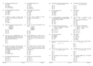 [SET-A] 61 (101) Page-9
79. The Home tab of MS-Excel has –
(A) Styles
(B) Cells
(C) Alignments
(D) All of the above
79. ,e0,l0 ,Dlsy ds gkse VSc esa gS &
(A) LVkbYl
(B) lsYl
(C) ,ykbuesUV
(D) mijksä lHkh
80. The Home tab of MS-Excel 2007 has –
(A) Clipboard
(B) Tables
(C) Charts
(D) Links
80. ,e0,l0 ,Dlsy 2007 ds gkse VSc esa gS &
(A) fDyicksMZ
(B) VscYl
(C) pkVZl
(D) fyaDl
81. If “Drama” is related to “Stage” then
“Tennis” is related to which of the following?
(A) Game
(B) Court
(C) Net
(D) Racket
81. ;fn ^^Mªkek** ^^LVst** ls lEcfU/kr gS rks ^^Vsful**
fuEufyf[kr esa ls fdlls lEcfU/kr gS 
(A) [ksy
(B) dksVZ
(C) usV
(D) jSdsV
82. What will come in place of question mark (?) ?
(A) 191
(B) 188
(C) 190
(D) 168
82. iz'u fpºu ¼½ ds LFkku ij fuEu fodYiksa esa ls D;k
vk;sxk 
(A) 191
(B) 188
(C) 190
(D) 168
83. From the word “LAPAROSCOPY” how
many independent meaningful word and be
made without changing the order of the letter
and using each letter only once ?
(A) 1
(B) 2
(C) 3
(D) 4
83. ‘kCn “LAPAROSCOPY” ds v{kjksa ds Øe dks
vifjofrZr j[krs gq, ,oa izR;sd v{kj dk dsoy ,d
ckj iz;ksx djrs gq, blls fdrus vFkZiw.kZ ‘kCn cuk;s
tk ldrs gSa 
(A) 1
(B) 2
(C) 3
(D) 4
84. Devesh said to Navneet “that boy playing
hockey is the younger of the two brother of
the daughter of my father’s wife.” How is the
boy playing hockey related to Devesh ?
(A) Nephew
(B) Cousin
(C) Brother
(D) Brother-in-law
84. nsos'k us uouhr ls dgk fd ^^og yM+dk tks gkWdh
[ksy jgk gS esjs firk dh iRuh dh csVh ds nks Hkkb;ksa
ls NksVk gSA** gkWdh [ksyus okyk yM+dk nsos’k ls fdl
izdkj lEcfU/kr gS 
(A) Hkkatk
(B) ppsjk
(C) HkkbZ
(D) lkyk
85. Pain of number different from others –
(A) 200 – 8
(B) 144 – 6
(C) 1331 – 11
(D) 121 – 12
85. la[;kvksa dk ,d tksM+ tks vU; ls fHkUu gS &
(A) 200 – 8
(B) 144 – 6
(C) 1331 – 11
(D) 121 – 12
? 4
94 10
46 22
? 4
94 10
46 22
[SET-A] 61 (101) Page-10
86. In the given series find the incorrect number –
3, 10, 21, 45, 93, 189
(A) 21
(B) 10
(C) 93
(D) 45
86. nh xbZ J`a[kyk esa xyr la[;k Kkr djks &
3, 10, 21, 45, 93, 189
(A) 21
(B) 10
(C) 93
(D) 45
87. Choose out the odd one ?
(A) Mustard
(B) Millet
(C) Rice
(D) Wheat
87. fo"ke dks pqfu, 
(A) ljlksa
(B) cktjk
(C) pkoy
(D) xsgw¡
88. If ‘a’ means subtraction, ‘b’ means multiply,
‘c’ means addition ‘d’ means division find the
value of 85·5a16b0·5c20d0·2.
(A) 176·5
(B) 177·5
(C) 185·5
(D) 186·5
88. ;fn ^a^ dk eryc ^&*] ^b^ dk eryc ^×^] ^c^ dk
eryc ^+^] ^d^ dk eryc ^÷^ gks rks
85·5a16b0·5c20d0·2 dk eku Kkr djsaA
(A) 176·5
(B) 177·5
(C) 185·5
(D) 186·5
89. Arrange the following in a logical order –
1- Never 2- Sometimes 3- Generally
4- Seldom 5- Always
(A) 5, 2, 1, 3, 4
(B) 5, 2, 4, 3, 1
(C) 5, 3, 2, 1, 4
(D) 5, 3, 2, 4, 1
89. fuEu dks rkfdZd Øe esas O;ofLFkr dhft, &
1& dHkh ugha 2&dHkh&dHkh 3&izk;%
4& dnkfpr~ 5& ges’kk
(A) 5, 2, 1, 3, 4
(B) 5, 2, 4, 3, 1
(C) 5, 3, 2, 1, 4
(D) 5, 3, 2, 4, 1
90. Choose out the odd one ?
(A) Stammer
(B) Whisper
(C) Taunt
(D) Cry
90. fo"ke dks pqfu, 
(A) gdykuk
(B) dkuk&Qwalh
(C) migkl
(D) fpYykuk
91. Which one of the following should come in
place of ?
17 : 52 :: 1 : ?
(A) 3
(B) 4
(C) 5
(D) 51
91. fuEu esa ls iz’ufpºu ds LFkku ij D;k vkuk pkfg, 
17 : 52 :: 1 : ?
(A) 3
(B) 4
(C) 5
(D) 51
92. Find the incorrect number in the given series
1, 1, 3, 3, 5, 7, 7, 9
(A) 9
(B) 3
(C) 5
(D) 1
92. fuEufyf[kr Js.kh esa ,d la[;k xyr gS] mls Kkr djas
1, 1, 3, 3, 5, 7, 7, 9
(A) 9
(B) 3
(C) 5
(D) 1
93. “NQ” is related to “SV” “DI” is related to ?
(A) F K
(B) J M
(C) I L
(D) H K
93. “NQ” mlh izdkj lEcfU/kr gS “SV” ls ftl izdkj
“DI” lEcfU/kr gS 
(A) F K
(B) J M
(C) I L
(D) H K
 