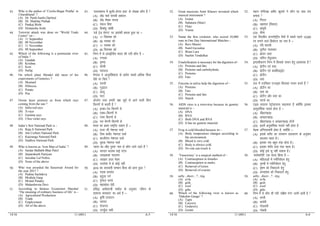 14/16 11 (001) A-5
43. Who is the author of ‘Coolie-Begar Pratha’ in
Uttarakhand’ ?
(A) Dr. Parth Sarthi Darbral
(B) Dr. Shekhar Pathak
(C) Pankaj Bisht
(D) Himanshu Joshi
43. ^mŸkjk[k.M esa dqyh&csxkj izFkk* ds ys[kd dkSu gSa 
(A) MkW0 ikFkZ lkjFkh Mcjky
(B) MkW0 ‘ks[kj ikBd
(C) iadt fc”V
(D) fgeka’kq tks’kh
44. Terrorist attack was done on “World Trade
Centre” on –
(A) 11 September
(B) 09 November
(C) 11 November
(D) 09 September
44. ^oMZ VªsM lsUVj* ij vkradh geyk gqvk Fkk &
(A) 11 flrEcj dks
(B) 09 uoEcj dks
(C) 11 uoEcj dks
(D) 09 flrEcj dks
45. Which of the following is a peninsular river
of India ?
(A) Gandak
(B) Krishna
(C) Kosi
(D) Sutlaj
45. fuEu esa ls izk;}hih; Hkkjr dh unh dkSu gS &
(A) x.Md
(B) Ñ”.kk
(C) dkslh
(D) lryt
46. On which plant Mendel did most of his
experiments of Genetics ?
(A) Mustard
(B) Hibiscus
(C) Potato
(D) Pea
46. es.My us vkuqoaf’kdrk ds iz;ksx lcls vf/kd fdl
ikS/ks ij fd;s 
(A) ljlksa
(B) xqM+gy
(C) vkyw
(D) eVj
47. Ozone layer protects us from which rays
coming from the sun ?
(A) Infra-red rays
(B) X-rays
(C) Gamma rays
(D) Ultra violet rays
47. vkstksu ijr gekjh j{kk lw;Z ls vkus okyh fdu
fdj.kksa ls djrh gS 
(A) bUÝk&jsM fdj.kksa ls
(B) ,Dl&fdj.kksa ls
(C) xkek fdj.kksa ls
(D) ijk cSxuh fdj.kksa ls
48. India’s first National Park is –
(A) Raja Ji National Park
(B) Jim Corbett National Park
(C) Kajiranga National Park
(D) Dudhva National Park
48. Hkkjr dk izFke jk”Vªh; m|ku gS &
(A) jktk th us’kuy ikdZ
(B) fte dkcsZV us’kuy ikdZ
(C) dkthjaxk us’kuy ikdZ
(D) nq/kok us’kuy ikdZ
49. Who is known as ‘Iron Man of India’ ?
(A) Sardar Ballabh Bhai Patel
(B) Jaiparakash Narayan
(C) Jawahar Lal Nehru
(D) None of the above
49. ^Hkkjr dk ykSg iq#”k* uke ls dkSu tkus tkrs gSa 
(A) ljnkj cYyHk HkkbZ iVsy
(B) t;izdk’k ukjk;.k
(C) tokgj yky usg#
(D) mijksä esa ls dksbZ ugha
50. Who was awarded the Saraswati Award for
the year 2015 ?
(A) Padma Sachdeva
(B) Mridula Garg
(C) Mrinal Pandey
(D) Mahashweta Devi
50. 2015 dk ljLorh lEeku fdl dks izkIr gqvk 
(A) in~ek lpnso
(B) e`nqyk xxZ
(C) e`.kky ik.Ms
(D) egk’osrk nsoh
51. According to famous Economist Marshal
‘The meaning of ordinary business of life’ is –
(A) Agricultural Production
(B) Trade
(C) Employment
(D) All of the above
51. izfl) vFkZ’kkL=h ek’kZy ds vuqlkj ^thou ds
lkekU; O;olk;* dk vFkZ gS &
(A) Ñf”k mRiknu
(B) O;kikj
(C) jkstxkj
(D) mi;qZä lHkh
14/16 11 (001) A-6
52. Great musician Amir Khusro invented which
musical instrument ?
(A) Guitar
(B) Sahatara (Sitar)
(C) Flute
(D) Veena
52. egku laxhrK vehj [kqljks us dkSu lk ok| ;a=
cuk;k 
(A) fxVkj
(B) lgrkjk ¼flrkj½
(C) ckalqjh
(D) oh.kk
53. Name the first cricketer, who scored 10,000
runs in One Day International Matches –
(A) Ravi Shastri
(B) Sunil Gavaskar
(C) Brian Lara
(D) Sachin Tendulkar
53. ,d fnolh; vUrjkZ”Vªh; eSpksa esa lcls igys 10]000
ju cukus okys fØdsVj dk uke gS &
(A) jfo ‘kkL=h
(B) lquhy xkoLdj
(C) czk;u ykjk
(D) lfpu rsanqydj
54. Emulsification is necessary for the digestion of–
(A) Proteins and fats
(B) Proteins and carbohydrate
(C) Proteins
(D) Fats
54. beYlhdj.k fuEu esa fdlds ikpu gsrq vko’;d gS 
(A) izksVhu ,oa olk
(B) izksVhu ,oa dkcksZgkbMªsV
(C) izksVhu
(D) olk
55. Enzyme in saliva help the digestion of –
(A) Proteins
(B) Fats
(C) Proteins and fats
(D) Starch
55. ykj esa mifLFkr ,Utkbe fdldk ikpu djrs gSa 
(A) izksVhu dk
(B) olk dk
(C) izksVhu vkSj olk dk
(D) LVkpZ dk
56. AIDS virus is a retrovirus because its genetic
material is –
(A) DNA
(B) RNA
(C) Both DNA and RNA
(D) It has no genetic material
56. ,M~l ok;jl jsVªksok;jl dgykrk gS D;ksafd bldk
vkuqokaf’kd inkFkZ gksrk gS &
(A) Mh0,u0,0
(B) vkj0,u0,0
(C) Mh0,u0,0 o vkj0,u0,0 nksuksa
(D) blesa vuqokaf’kd inkFkZ ugha gksrk gS
57. Frog is cold blooded because its –
(A) Body temperature changes according to
the environment.
(B) Blood is very cold.
(C) Body is always cold.
(D) No one can touch it.
57. es<+d vfu;rrkih gksrk gS] D;ksafd &
(A) blds ‘kjhj dk rkieku okrkoj.k ds vuqlkj
cnyrk jgrk gSA
(B) bldk jä cgqr BaMk gksrk gSA
(C) bldk 'kjhj lnk BaMk jgrk gSA
(D) dksbZ bls Nw ugha ldrk gSA
58. ‘Vasectomy’ is a surgical method of –
(A) Contraception in females
(B) Contraception in males
(C) Removal of testes
(D) Removal of ovaries
58. ^oklsDVkWeh* ,d ‘kY; fØ;k gS &
(A) efgykvksa esa xeZfujks/ku gsrq
(B) iq#”kksa esa xHkZfujks/ku gsrq
(C) o`”k.k dks fudkyus gsrq
(D) v.Mk’k; dks fudkyus gsrq
59. azby , dwev , ? , irjq
(A) evfu
(B) gtsh
(C) evuf
(D) gths
59. azby , dwev , ? , irjq
(A) evfu
(B) gtsh
(C) evuf
(D) gths
60. Which of the following river is known as
‘Dakshin Ganga’ ?
(A) Tapti
(B) Cauvery
(C) Godavery
(D) Gomti
60. fuEu esa ls dkSu lh unh ^nf{k.k xaxk* tkuh tkrh gS 
(A) rkIrh
(B) dkosjh
(C) xksnkojh
(D) xkserh
 