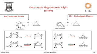 Electrocyclic Ring-closure In Allylic
Systems
4nπ Conjugated System (4n + 2)π Conjugated System
allyl carbanion allyl carbocation
hv
∆
CH
CH2
CH2
-
CH
CH2
CH2
+
hv
∆
hv
∆
-
12
Pericyclic Reactions
09/09/2021
hv
disrotatory
conrotatory
∆
conrotatory
disrotatory
+
+ +
- -
CH3
H3C
-
H H
CH3
CH3
-
+
+
-
-
CH3
H3C
-
H
H
CH3
CH3
-
+
+
-
-
+
+ +
- -
+
+
+
- -
+
+
+
- -
+
 