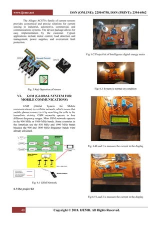 www.ijemr.net ISSN (ONLINE): 2250-0758, ISSN (PRINT): 2394-6962
40 Copyright © 2018. IJEMR. All Rights Reserved.
The Allegro ACS75x family of current sensors
provides economical and precise solutions for current
sensing in industrial, automotive, commercial, and
communications systems. The device package allows for
easy implementation by the customer. Typical
applications include motor control, load detection and
management, power supplies, and overcurrent fault
protection.
Fig: 5.4(a) Operation of sensor
VI. GSM (GLOBAL SYSTEM FOR
MOBILE COMMUNICATIONS)
GSM (Global System for Mobile
communications) is a cellular network, which means that
mobile phones connect to it by searching for cells in the
immediate vicinity. GSM networks operate in four
different frequency ranges. Most GSM networks operate
in the 900 MHz or 1800 MHz bands. Some countries in
the Americas use the 850 MHz and 1900 MHz bands
because the 900 and 1800 MHz frequency bands were
already allocated.
Fig: 6.1 GSM Network
6.1 Our project kit
Fig: 6.2 Project kit of Intelligence digital energy meter
Fig: 6.3 System is normal on condition
Fig: 6.4Load 1 is measure the current in the display
Fig:6.5 Load 2 is measure the current in the display
 
