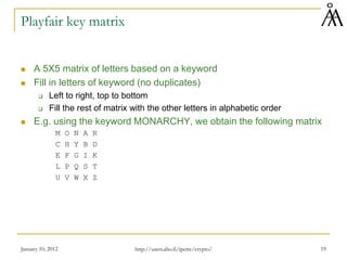January 10, 2012 19
Playfair key matrix
 A 5X5 matrix of letters based on a keyword
 Fill in letters of keyword (no duplicates)
 Left to right, top to bottom
 Fill the rest of matrix with the other letters in alphabetic order
 E.g. using the keyword MONARCHY, we obtain the following matrix
M O N A R
C H Y B D
E F G I K
L P Q S T
U V W X Z
http://users.abo.fi/ipetre/crypto/
 