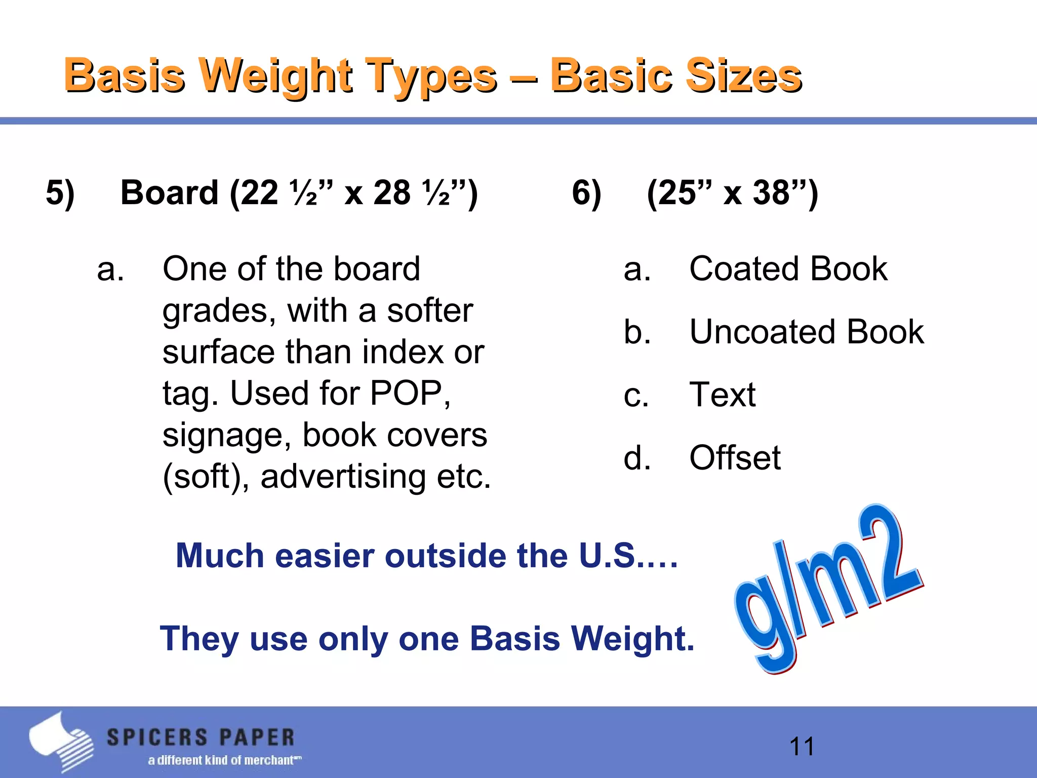 11
Basis Weight Types – Basic SizesBasis Weight Types – Basic Sizes
5) Board (22 ½” x 28 ½”)
a. One of the board
grades, with a softer
surface than index or
tag. Used for POP,
signage, book covers
(soft), advertising etc.
6) (25” x 38”)
a. Coated Book
b. Uncoated Book
c. Text
d. Offset
Much easier outside the U.S.…
They use only one Basis Weight.
 
