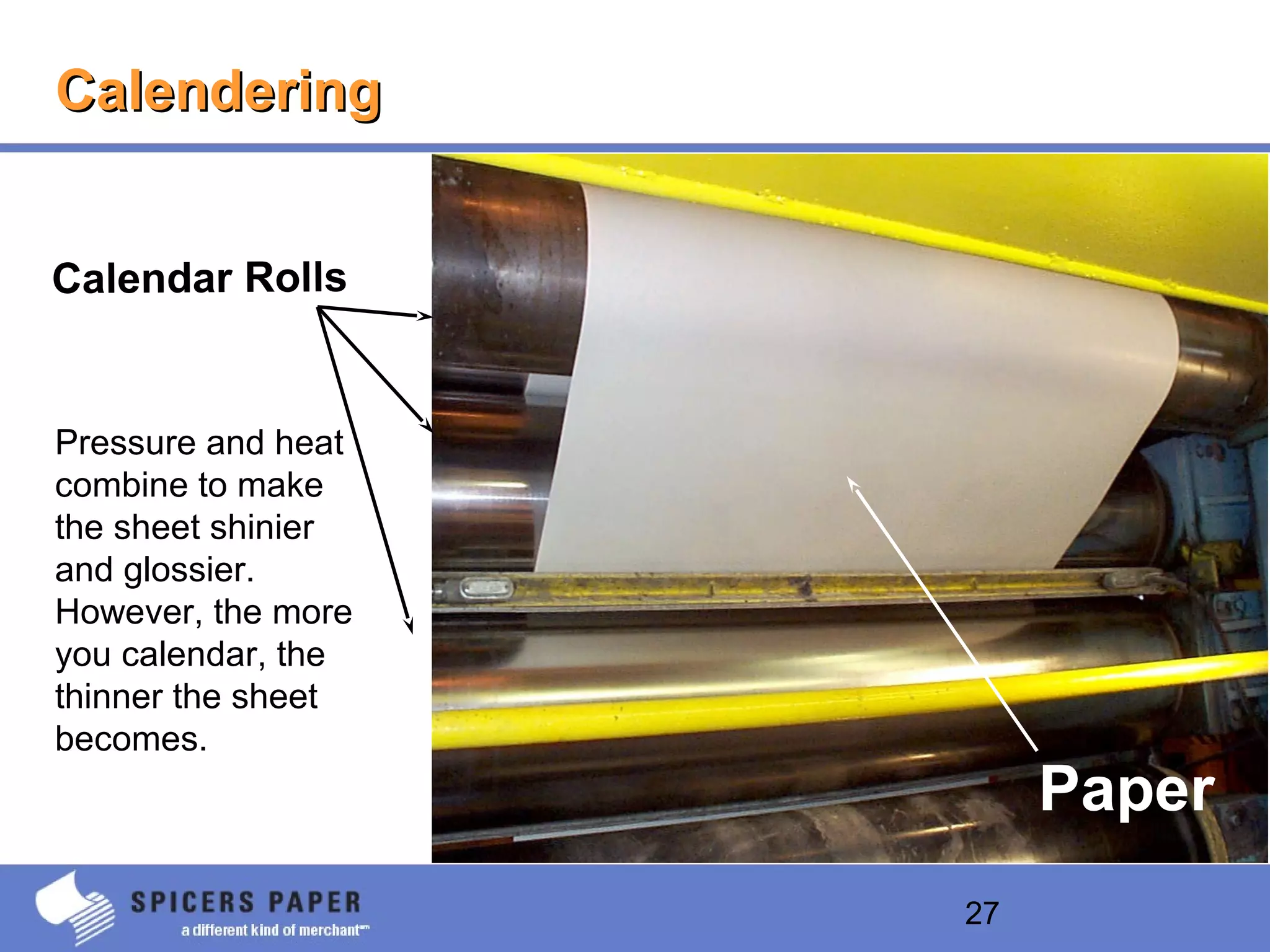 27
CalenderingCalendering
Paper
Calendar Rolls
Pressure and heat
combine to make
the sheet shinier
and glossier.
However, the more
you calendar, the
thinner the sheet
becomes.
 