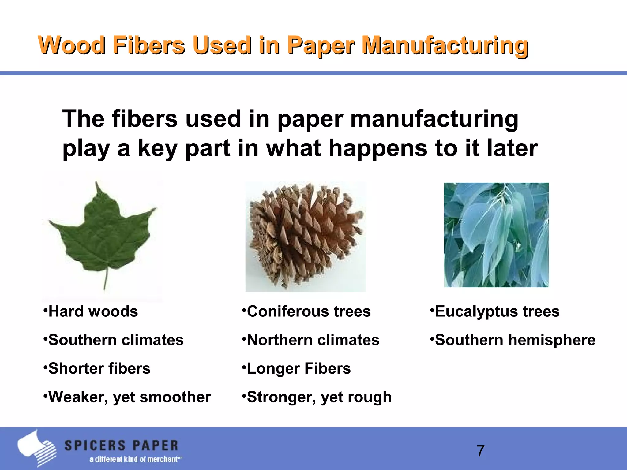 7
Wood Fibers Used in Paper ManufacturingWood Fibers Used in Paper Manufacturing
The fibers used in paper manufacturing
play a key part in what happens to it later
•Hard woods
•Southern climates
•Shorter fibers
•Weaker, yet smoother
•Coniferous trees
•Northern climates
•Longer Fibers
•Stronger, yet rough
•Eucalyptus trees
•Southern hemisphere
 