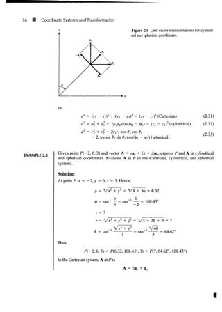 36 • Coordinate Systems and Transformation
Figure 2.6 Unit vector transformations for cylindri-
cal and spherical coordinates.
or
d2
= (x2 - x,f + (y2 - yxf + (z2 - zif (Cartesian)
d2
= p + p2
- 2p,p2 cos((^2 - 0 0 + (z2 - Zf (cylindrical)
- 2r^r2 cos d2 cos 0j
sin 02 sin dx cos(</>2 - 0i) (spherical)
d2
= r + r - 2r^r2 cos d2 cos 0j
(2.31)
(2.32)
(2.33)
EXAMPLE 2.1
Given point P(—2, 6, 3) and vector A = yax + (x + z)ay, express P and A in cylindrical
and spherical coordinates. Evaluate A at P in the Cartesian, cylindrical, and spherical
systems.
Solution:
At point P: x = - 2 , y = 6, z = 3. Hence,
p = Vx2
+ y2
= V 4 + 36 = 6.32
4
> = tan"1
- = tan"1
= 108.43°
x - 2
r= Vx2
+ y2
+ z2
= V4 + 36 + 9 = 7
= 64.62°
_, Vx2
+ y2
_ V40
d = tan ' — - *— '
= tan
Z 5
Thus,
P(-2, 6, 3) = P(6.32, 108.43°, 3) = P(7, 64.62°, 108.43°)
In the Cartesian system, A at P is
A = 6ax + a^
 