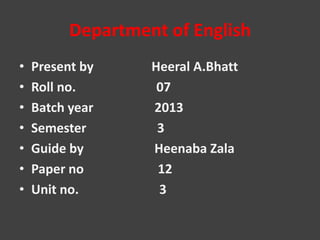 Department of English
•
•
•
•
•
•
•

Present by
Roll no.
Batch year
Semester
Guide by
Paper no
Unit no.

Heeral A.Bhatt
07
2013
3
Heenaba Zala
12
3

 