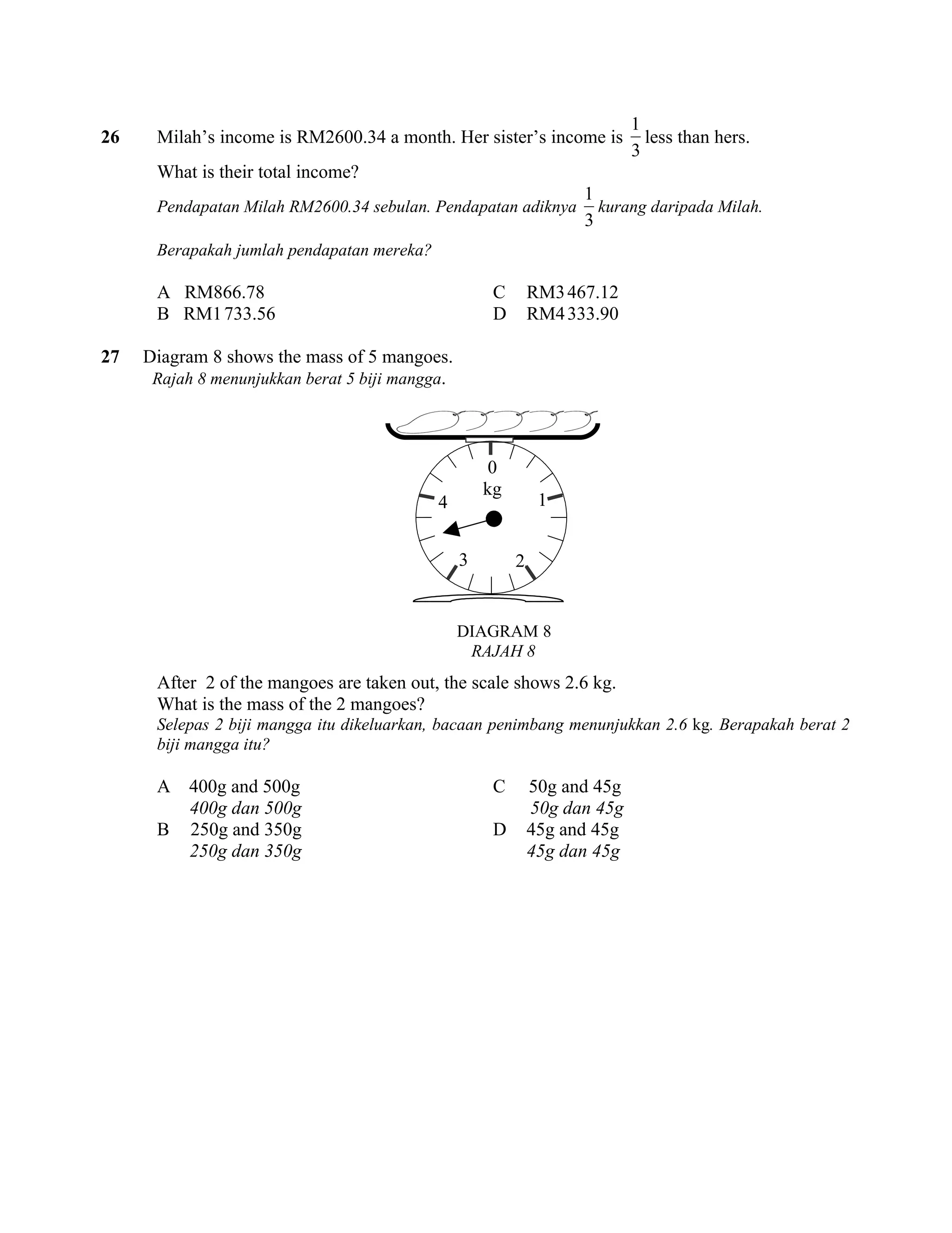 1
26    Milah’s income is RM2600.34 a month. Her sister’s income is             less than hers.
                                                                            3
      What is their total income?
                                                                    1
      Pendapatan Milah RM2600.34 sebulan. Pendapatan adiknya          kurang daripada Milah.
                                                                    3
      Berapakah jumlah pendapatan mereka?

      A RM866.78                                      C       RM3 467.12
      B RM1 733.56                                    D       RM4 333.90

27   Diagram 8 shows the mass of 5 mangoes.
      Rajah 8 menunjukkan berat 5 biji mangga.




                                                      0
                                                     kg
                                            4                  1


                                                 3        2


                                                 DIAGRAM 8
                                                  RAJAH 8
      After 2 of the mangoes are taken out, the scale shows 2.6 kg.
      What is the mass of the 2 mangoes?
      Selepas 2 biji mangga itu dikeluarkan, bacaan penimbang menunjukkan 2.6 kg. Berapakah berat 2
      biji mangga itu?

      A    400g and 500g                              C       50g and 45g
           400g dan 500g                                      50g dan 45g
      B    250g and 350g                              D       45g and 45g
           250g dan 350g                                      45g dan 45g
 