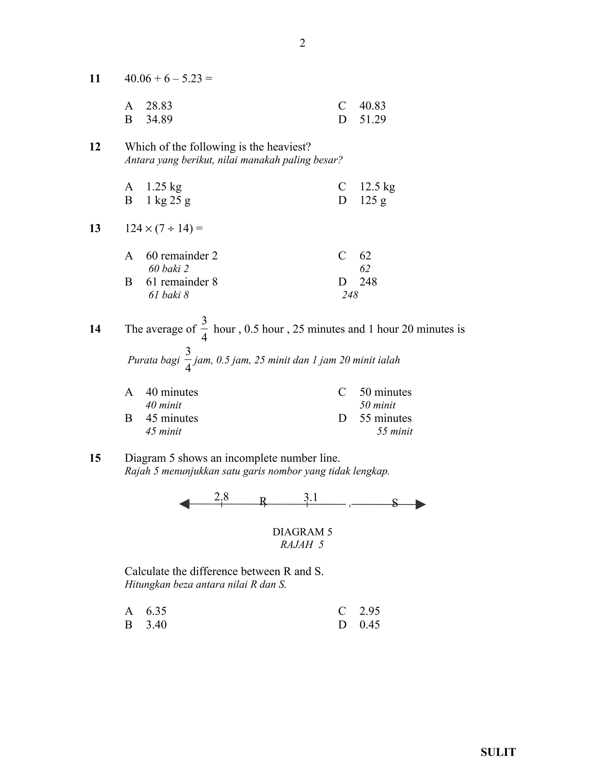 2

11   40.06 + 6 – 5.23 =

     A   28.83                                        C      40.83
     B   34.89                                        D      51.29

12   Which of the following is the heaviest?
     Antara yang berikut, nilai manakah paling besar?

     A   1.25 kg                                      C      12.5 kg
     B   1 kg 25 g                                    D      125 g

13   124 × (7 ÷ 14) =

     A   60 remainder 2                               C      62
          60 baki 2                                          62
     B   61 remainder 8                               D      248
          61 baki 8                                    248

                       3
14   The average of      hour , 0.5 hour , 25 minutes and 1 hour 20 minutes is
                       4
                    3
     Purata bagi      jam, 0.5 jam, 25 minit dan 1 jam 20 minit ialah
                    4

     A   40 minutes                                   C      50 minutes
         40 minit                                            50 minit
     B   45 minutes                                   D      55 minutes
         45 minit                                                 55 minit

15   Diagram 5 shows an incomplete number line.
     Rajah 5 menunjukkan satu garis nombor yang tidak lengkap.

                          2.8       R         3.1                    S

                                        DIAGRAM 5
                                         RAJAH 5

     Calculate the difference between R and S.
     Hitungkan beza antara nilai R dan S.

     A   6.35                                         C      2.95
     B   3.40                                         D      0.45




                                                                                 SULIT
 