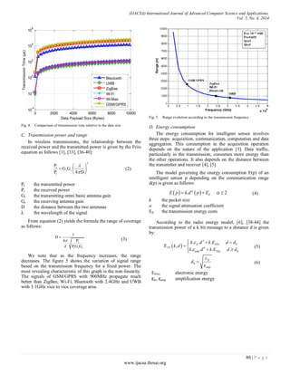 (IJACSA) International Journal of Advanced Computer Science and Applications,
Vol. 5, No. 4, 2014
80 | P a g e
www.ijacsa.thesai.org
Fig. 4. Comparison of transmission time relative to the data size
C. Transmission power and range
In wireless transmissions, the relationship between the
received power and the transmitted power is given by the Friis
equation as follows [1], [33], [36-40]:
2
r
t r
t
P
G G
P 4 D


 
  
 
(2)
Pt the transmitted power
Pr the received power
Gt the transmitting omni basic antenna gain
Gr the receiving antenna gain
D the distance between the two antennas
λ the wavelength of the signal
From equation (2) yields the formula the range of coverage
as follows:
r
t t r
1
D
P4
P G G



(3)
We note that as the frequency increases, the range
decreases. The figure 5 shows the variation of signal range
based on the transmission frequency for a fixed power. The
most revealing characteristic of this graph is the non-linearity.
The signals of GSM/GPRS with 900MHz propagate much
better than ZigBee, Wi-Fi, Bluetooth with 2.4GHz and UWB
with 3.1GHz vice to vice coverage area.
Fig. 5. Range evolution according to the transmission frequency
D. Energy consumption
The energy consumption for intelligent sensor involves
three steps: acquisition, communication, computation and data
aggregation. This consumption in the acquisition operation
depends on the nature of the application [3]. Data traffic,
particularly in the transmission, consumes more energy than
the other operations. It also depends on the distance between
the transmitter and receiver [4], [5].
The model governing the energy consumption E(p) of an
intelligent sensor p depending on the communication range
d(p) is given as follows:
   . 2dE p k d p E
   (4)
k the packet size
α the signal attenuation coefficient
Ed the transmission energy costs
According to the radio energy model, [6], [38-44] the
transmission power of a k bit message to a distance d is given
by:
 
2
0
4
0
. . .
E ,
. . .
fs Elec
TX
amp Elec
k d k E d d
k d
k d k E d d


  
 
 
(5)
0
fs
amp
d


 (6)
EElec electronic energy
εfs, εamp amplification energy
0 2000 4000 6000 8000 10000
10
-4
10
-2
10
0
10
2
10
4
10
6
Data Payload Size (Bytes)
TransmissionTime(µs)
Bleutooth
UWB
ZigBee
Wi-Fi
Wi-Max
GSM/GPRS
 