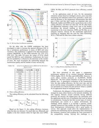 (IJACSA) International Journal of Advanced Computer Science and Applications,
Vol. 5, No. 4, 2014
83 | P a g e
www.ijacsa.thesai.org
Fig. 10. Bit Error Rate for differents modulations
On the other side, the GMSK modulation has been
developed in order to increase the spectral efficiency [50]. It
has a satisfactory performance in terms of BER and noise
resistance. This modulation is applied in the data transmission
systems (MODEM), in The GSM networks [9], [35], [37],
[39], [41]. The table VII gives the values of Eb/N0 which
cancel the BER for each modulation. Furthermore, the lower
bit error probability is obtained to the detriment of the number
of users. We must investigate the relationship between the
transmission quality and the number of users served [50].
TABLE VII. EB/N0 VALUES WHICH CANCELS BER FOR THE DIFFERENT
MODULATIONS
Modulation Eb /N0 (dB) B.E.R
B-OQ-QPSK 7,8 10-6
GMSK 12,7 10-6
FSK 13,3 10-6
8PSK 13,8 10-6
OFDM 14,3 10-6
16QAM 14,8 10-6
GFSK 15,7 10-6
4PAM 17,6 10-6
8DPSK 22,6 10-6
G. Data coding efficiency
The coding efficiency can be calculated from the following
formula:
data
cdeff
data
data ovhd
maxPld
N
P 100
N
N N
N
 
  
    
  
(10)
Based on the figure 11, the coding efficiency increases
when the data size increase. For small data size, Bluetooth and
ZigBee is the best solution while for high data sizes GPRS,
UWB, Wi-Max and Wi-Fi protocols have efficiency around
94%.
In the applications point of view, for the automation
industrial systems based on intelligent sensors, since most data
monitoring and industrial control have generally a small size,
such the pressure or the temperature measurements that don't
pass 4 bytes and that don't require an important data rate,
Bluetooth, ZigBee and GPRS can be a good choice due to their
coding efficiency and their low data rate. On the other hand,
for applications requiring a large cover zone as the borders
monitoring, the persons tracking or the environmental
monitoring or the event detection, GPRS and Wi-Max are an
adequate solution, whereas for the multimedia applications
requiring an important data rate such the video monitoring,
Wi-Fi, UWB and Wi-Max form a better solution.
Fig. 11. Coding efficiency depending on data size
VII. CONCLUSION
We have presented in this paper a comparative
performance analysis of six wireless protocols: Bluetooth,
UWB, ZigBee, Wi-Fi, Wi-Max and GSM/GPRS. However, it
exists others wireless protocols as 6LoWPAN, DASH,
HiperLAN…We have chosen therefore to land just the most
popular ones. A quantitative evaluation of the transmission
time, the data coding efficiency, the bite error rate, and the
power and the energy consumption in addition of the network
size permitted us to choose the best protocol which is suitable
for an application based on intelligent sensor.
Furthermore, the adequacy of these protocols is influenced
strongly by many others factors as the network reliability, the
link capacity between several networks having different
protocols, the security, the chipset price, the conformity with
the application and the cost of installation that must be taking
in consideration. Facing the fact that several types of wireless
technologies can coexist in a capture environment, the
challenge which requires is to develop a gateway (multi-
standard transceiver) that enables the data exchange between
these heterogeneous infrastructures with a good quality of
service. This approach would allow the implementation of
solutions for maintaining and for monitoring while minimizing
the necessary resources and avoiding the costs associated to
the compatibility testing. Solving this challenge is a
0 5 10 15 20 25 30
10
-6
10
-5
10
-4
10
-3
10
-2
10
-1
10
0
BER
Bit Error Rate depending on Eb/No
Eb/N0(dB)
Q-OQ-B-PSK
16QAM
GFSK
GMSK
8DPSK
4PAM
FSK
8PSK
OFDM
10
0
10
1
10
2
10
3
10
4
0
20
40
60
80
100
Data Payload Size (Bytes)
Datacodingefficiency(%)
Bleutooth
UWB
ZigBee
Wi-Fi
Wi-Max
GSM/GPRS
 