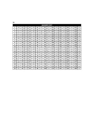 16
1 ĒŎē 21 ĒŌē 41 ĒŌē 61 Ēŋē 81 Ēōē 101 ĒŌē 121 ĒŌē 141 Ēŋē 161 Ēŋē
2 Ēōē 22 ĒŎē 42 ĒŎē 62 Ēōē 82 ĒŌē 102 ĒŌē 122 ĒŎē 142 Ēōē 162 ĒŌē
3 Ēŋē 23 Ēŋē 43 ĒŌē 63 ĒŎē 83 ĒŎē 103 Ēōē 123 ĒŌē 143 Ēōē 163 Ēōē
4 Ēōē 24 ĒŎē 44 Ēōē 64 ĒŌē 84 Ēōē 104 ĒŎē 124 Ēŋē 144 Ēŋē 164 ĒŎē
5 Ēōē 25 ĒŌē 45 Ēŋē 65 Ēōē 85 ĒŎē 105 ĒŌē 125 ĒŌē 145 ĒŎē 165 ĒŎē
6 ĒŎē 26 ĒŌē 46 Ēōē 66 Ēŋē 86 Ēōē 106 ĒŎē 126 ĒŎē 146 Ēŋē 166 Ēōē
7 Ēōē 27 ĒŎē 47 ĒŎē 67 ĒŎē 87 Ēōē 107 Ēōē 127 ĒŌē 147 ĒŎē 167 ĒŌē
8 Ēōē 28 Ēŋē 48 Ēōē 68 Ēŋē 88 Ēŋē 108 ĒŎē 128 ĒŌē 148 ĒŎē 168 Ēŋē
9 Ēōē 29 Ēŋē 49 ĒŎē 69 ĒŎē 89 ĒŌē 109 Ēŋē 129 Ēŋē 149 Ēōē 169 Ēŋē
10 ĒŌē 30 ĒŌē 50 ĒŎē 70 ĒŎē 90 ĒŎē 110 Ēŋē 130 ĒŎē 150 ĒŌēĊ 170 ĒŎē
11 ĒŌē 31 ĒŎē 51 ĒŎē 71 Ēōē 91 Ēōē 111 Ēŋē 131 Ēŋē 151 Ēŋē 171 Ēōē
12 Ēŋē 32 ĒŎē 52 Ēŋē 72 Ēōē 92 ĒŋēĊ 112 Ēŋē 132 ĒŌē 152 ĒŎē 172 ĒŎē
13 Ēŋē 33 ĒŌē 53 Ēōē 73 Ēŋē 93 Ēŋē 113 Ēōē 133 ĒŌē 153 Ēōē 173 ĒŎē
14 Ēŋē 34 ĒŎēĊ 54 Ēōē 74 ĒŎē 94 Ēŋē 114 ĒŎē 134 ĒŌē 154 Ēōē 174 ĒŌē
15 Ēŋē 35 Ēŋē 55 Ēŋē 75 ĒŌē 95 ĒŌē 115 Ēōē 135 Ēōē 155 ĒŌē 175 Ēŋē
16 ĒŋēĊ 36 ĒŎē 56 Ēŋē 76 Ēŋē 96 ĒŌē 116 ĒŌē 136 ĒŌē 156 Ēōē 176 Ēōē
17 ĒŎē 37 Ēŋē 57 Ēōē 77 ĒŎē 97 ĒŎē 117 ĒŌē 137 ĒŌē 157 Ēŋē 177 Ēōē
18 Ēōē 38 ĒōēĊ 58 ĒŌē 78 ĒŌē 98 Ēōē 118 ĒŌē 138 ĒŌē 158 ĒŌē 178 Ēōē
19 ĒŌē 39 ĒŎē 59 Ēŋē 79 Ēŋē 99 Ēōē 119 ĒŎēĊ 139 ĒŌē 159 Ēŋē 179 Ēŋē
20 ĒŌē 40 Ēōē 60 Ēōē 80 ĒŎē 100 Ēŋē 120 ĒŌē 140 ĒŌē 160 ĒŌē 180 Ēŋē
ANSWER KEY
 