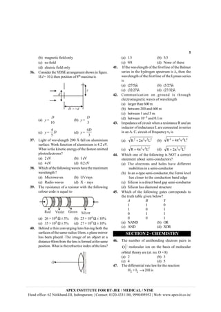 5
ĒŌē ŗŋőŘŏŞœōĊŐœŏŖŎĊřŘŖţ
Ēōē ŘřĊŐœŏŖŎ
ĒŎē ŏŖŏōŞŜœōĊŐœŏŖŎĊřŘŖţ
36. ĭřŘŝœŎŏŜĊŞŒŏĊŃĮĽįĊŋŜŜŋŘőŏŗŏŘŞĊŝŒřšŘĊœŘĊŐœőşŜŏĘ
ĳŐĊdĊħĊěĚĊlĊŞŒŏŘĊŚřŝœŞœřŘĊřŐĊĢŞŒĊŗŋŢœŗŋĊœŝ
d
y
D >>d
Ēŋē yĊħĊ
ěĚ
D
ĒŌē yĊħĊ
ĝ
D
Ēōē yĊħĊ
Ğ
ğ
D ĒŎē yĊħĊ
Ğ
ĝ
D
37. ĶœőŒŞĊřŐĊšŋŠŏŖŏŘőŞŒĊĜĚĚĊƯĊŐŋŖŖĊřŘĊŋŖşŗœŘœşŗ
ŝşŜŐŋōŏĘĊŁřŜŕĊŐşŘōŞœřŘĊřŐĊŋŖşŗœŘœşŗĊœŝĊĞĘĜĊŏŀĘ
ŁŒŋŞĊœŝĊŞŒŏĊŕœŘŏŞœōĊŏŘŏŜőţĊřŐĊŞŒŏĊŐŋŝŞŏŝŞĊŏŗœŞŞŏŎ
ŚŒřŞřŏŖŏōŞŜřŘŝĩ
Ēŋē ĜĊŏŀ ĒŌē ěĊŏŀ
Ēōē ĞĊŏŀ ĒŎē ĚĘĜĊŏŀ
38. ŁŒœōŒĊřŐĊŞŒŏĊŐřŖŖřšœŘőĊšŋŠŏŝĊŒŋŠŏĊŞŒŏĊŗŋŢœŗşŗ
šŋŠŏŖŏŘőŞŒĩ
Ēŋē ķœōŜřšŋŠŏŝ ĒŌē ĿŀĊŜŋţŝ
Ēōē ļŋŎœřĊšŋŠŏŝ ĒŎē łĊƀĊŜŋţŝ
39. ľŒŏĊŜŏŝœŝŞŋŘōŏĊřŐĊŋĊŜŏŝœŝŞřŜĊšœŞŒĊŞŒŏĊŐřŖŖřšœŘő
ōřŖřşŜĊōřŎŏĊœŝĊŏśşŋŖĊŞř
ıŜŏŏŘļŏŎ ŀœřŖŏŞ ĽœŖŠŏŜ
Ēŋē ĜĠĊǁĊěĚĞĊWĊƛĊğď ĒŌē ĜğĊǁĊěĚĞĊWĊƛĊěĚď
Ēōē ĝğĊǁĊěĚğĊWĊƛĊğď ĒŎē ĜġĊǁĊěĚğĊWĊƛĊěĚď
40. ĬŏŒœŘŎĊŋĊŞŒœŘĊōřŘŠŏŜőœŘőĊŖŏŘŝĊŒŋŠœŘőĊŌřŞŒĊŞŒŏ
ŝşŜŐŋōŏŝĊřŐĊŞŒŏĊŝŋŗŏĊŜŋŎœşŝĊěĚōŗĖĊŋĊŚŖŋŘŏĊŗœŜŜřŜ
ŒŋŝĊŌŏŏŘĊŚŖŋōŏŎĘĊľŒŏĊœŗŋőŏĊřŐĊŋŘĊřŌŔŏōŞĊŋŞĊŋ
ŎœŝŞŋŘōŏĊĞĚōŗĊŐŜřŗĊŞŒŏĊŖŏŘŝĊœŝĊŐřŜŗŏŎĊŋŞĊŞŒŏĊŝŋŗŏ
ŚřŝœŞœřŘĘĊŁŒŋŞĊœŝĊŞŒŏĊŜŏŐŜŋōŞœŠŏĊœŘŎŏŢĊřŐĊŞŒŏĊŖŏŘŝĩ
O
Ēŋē ěĘğ ĒŌē ğęĝ
Ēōē ģęĢ ĒŎē ĸřŘŏĊřŐĊŞŒŏŝŏ
41. ĳŐĊŞŒŏĊšŋŠŏŖŏŘőŞŒĊřŐĊŞŒŏĊŐœŜŝŞĊŖœŘŏĊřŐĊŞŒŏĊĬŋŖŗŏŜ
ŝŏŜœŏŝĊœŘĊŞŒŏĊŒţŎŜřőŏŘĊŝŚŏōŞŜşŗĊœŝĊlĖĊŞŒŏŘĊŞŒŏ
šŋŠŏŖŏŘőŞŒĊřŐĊŞŒŏĊŐœŜŝŞĊŖœŘŏĊřŐĊŞŒŏĊĶţŗŋŘĊŝŏŜœŏŝ
œŝ
Ēŋē ĒĜġęğēl ĒŌē ĒğęĜġēl
Ēōē ĒĝĜęĜġēl ĒŎē ĒĜġęĝĜēl
42. ĭřŗŗşŘœōŋŞœřŘĊ řŘĊ őŜřşŘŎĊ œŝĊ ŞŒŜřşőŒ
ŏŖŏōŞŜřŗŋőŘŏŞœōĊšŋŠŏŝĊřŐĊšŋŠŏŖŏŘőŞŒ
Ēŋē ŖŋŜőŏŜĊŞŒŋŘĊĠĚĚĊŗ
ĒŌē ŌŏŞšŏŏŘĊĜĚĚĊŋŘŎĊĠĚĚĊŗ
Ēōē ŌŏŞšŏŏŘĊěĊŋŘŎĊğĊŗ
ĒŎē ŌŏŞšŏŏŘĊěĚƀĝĊŋŘŎĊĚĘěĊŗ
43. ĳŗŚŏŎŋŘōŏĊřŐĊōœŜōşœŞĊšŒŏŘĊŋĊŜŏŝœŝŞŋŘōŏĊļĊŋŘŎĊŋŘ
œŘŎşōŞřŜĊřŐĊœŘŎşōŞŋŘōŏĊĶĊŋŜŏĊōřŘŘŏōŞŏŎĊœŘĊŝŏŜœŏŝ
œŘĊŋŘĊīĘĊĭĘĊōœŜōşœŞĊřŐĊŐŜŏśşŏŘōţĊnĖĊœŝ
Ēŋē ĜĜĜĜ
ĶĜļ np+ ĒŌē
ĜĜĜĜ
ĶĞļ np+
Ēōē ĜĜĜ
ĶĞļ np+ ĒŎē ĜĜĜ
ĶĜļ np+
44. ŁŒœōŒĊřŘŏĊřŐĊŞŒŏĊŐřŖŖřšœŘőĊœŝĊĸĹľĊŋĊōřŜŜŏōŞ
ŝŞŋŞŏŗŏŘŞĊŋŌřşŞĊŝŏŗœėōřŘŎşōŞřŜŝĩ
Ēŋē ľŒŏĊ ŏŖŏōŞŜřŘŝĊ ŋŘŎĊ ŒřŖŏŝĊ ŒŋŠŏĊ ŎœŐŐŏŜŏŘŞ
ŗřŌœŖœŞœŏŝĊœŘĊŋĊŝŏŗœėōřŘŎşōŞřŜ
ĒŌē ĳŘĊŋŘĊnėŞţŚŏĊŝŏŗœėōřŘŎşōŞřŜĖĊŞŒŏĊİŏŜŗœĊŖŏŠŏŖ
ŖœŏŝĊōŖřŝŏŜĊŞřĊŞŒŏĊōřŘŎşōŞœřŘĊŌŋŘŎĊŏŎőŏ
Ēōē ĽœŖœōřŘĊœŝĊŋĊŎœŜŏōŞĊŌŋŘŎĊőŋŚĊŝŏŗœėōřŘŎşōŞřŜ
ĒŎē ĽœŖœōřŘĊŒŋŝĊŎœŋŗřŘŎĊŝŞŜşōŞşŜŏ
45. ŁŒœōŒĊřŐĊŞŒŏĊŐřŖŖřšœŘőĊ őŋŞŏŝĊōřŜŜŏŝŚřŘŎŝĊŞř
ŞŒŏĊŞŜşŞŒĊŞŋŌŖŏĊőœŠŏŘĊŌŏŖřšĩ
A B Y
ě ě Ě
ě Ě ě
Ě ě ě
Ě Ě ě
Ēŋē ĸīĸĮ ĒŌē Ĺļ
Ēōē īĸĮ ĒŎē łĹļ
SECTION 2 - CHEMISTRY
46. ľŒŏĊŘşŗŌŏŜĊřŐĊŋŘŞœŌřŘŎœŘőĊŏŖŏōŞŜřŘĊŚŋœŜŝĊœŘ
ƀ
Ĺ2
2 ŗřŖŏōşŖŋŜĊœřŘĊřŘĊŞŒŏĊŌŋŝœŝĊřŐĊŗřŖŏōşŖŋŜ
řŜŌœŞŋŖĊŞŒŏřŜţĊŋŜŏĊĒŋŞĘĊŘřĘĊĹĊħĊĢē
Ēŋē Ĝ ĒŌē ĝ
Ēōē Ğ ĒŎē ğ
47. ľŒŏĊŎœŐŐŏŜŏŘŞœŋŖĊŜŋŞŏĊŖŋšĊŐřŜĊŞŒŏĊŜŏŋōŞœřŘ
ĲĜĊĕĊĳĜĊ®ĜĲĳĊœŝ
APEX INSTITUTE FOR IIT-JEE / MEDICAL / NTSE
Head office: 62 Nitikhand-III, Indirapuram; | Contact: 0120-4331180, 9990495952 | Web: www.apexiit.co.in/
 