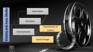 Cinema
and
mass
Media
Information
Social Change
Transmission of
culture
Education
Entertainment
 