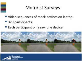 Motorist Surveys
 Video sequences of mock devices on laptop
 320 participants
 Each participant only saw one device
 