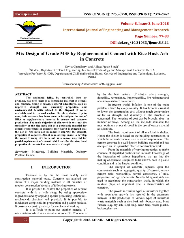 Mix Design of Grade M35 by Replacement of Cement with Rice Husk Ash in