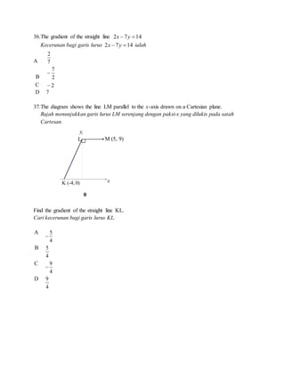 36.The gradient of the straight line 1472  yx
Kecerunan bagi garis lurus 1472  yx ialah
A 7
2
B 2
7

C 2
D 7
37.The diagram shows the line LM parallel to the x-axis drawn on a Cartesian plane.
Rajah menunjukkan garis lurus LM serenjang dengan paksi-x yang dilukis pada satah
Cartesan.
Find the gradient of the straight line KL.
Cari kecerunan bagi garis lurus KL.
A 5
4

B 5
4
C 9
4

D 9
4
0
x
y
K (-4, 0)
L M (5, 9)
 