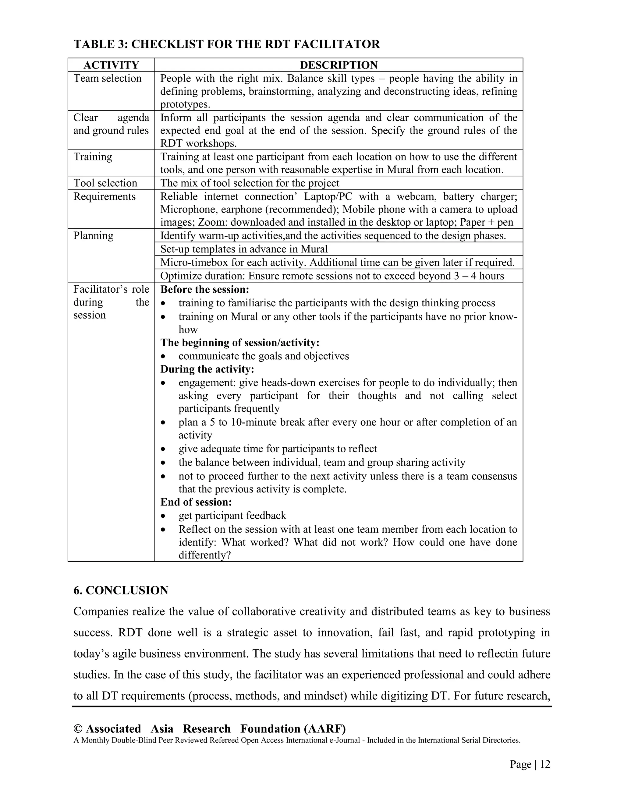 © Associated Asia Research Foundation (AARF)
A Monthly Double-Blind Peer Reviewed Refereed Open Access International e-Journal - Included in the International Serial Directories.
Page | 12
TABLE 3: CHECKLIST FOR THE RDT FACILITATOR
ACTIVITY DESCRIPTION
Team selection People with the right mix. Balance skill types – people having the ability in
defining problems, brainstorming, analyzing and deconstructing ideas, refining
prototypes.
Clear agenda
and ground rules
Inform all participants the session agenda and clear communication of the
expected end goal at the end of the session. Specify the ground rules of the
RDT workshops.
Training Training at least one participant from each location on how to use the different
tools, and one person with reasonable expertise in Mural from each location.
Tool selection The mix of tool selection for the project
Requirements Reliable internet connection‟ Laptop/PC with a webcam, battery charger;
Microphone, earphone (recommended); Mobile phone with a camera to upload
images; Zoom: downloaded and installed in the desktop or laptop; Paper + pen
Planning Identify warm-up activities,and the activities sequenced to the design phases.
Set-up templates in advance in Mural
Micro-timebox for each activity. Additional time can be given later if required.
Optimize duration: Ensure remote sessions not to exceed beyond 3 – 4 hours
Facilitator‟s role
during the
session
Before the session:
 training to familiarise the participants with the design thinking process
 training on Mural or any other tools if the participants have no prior know-
how
The beginning of session/activity:
 communicate the goals and objectives
During the activity:
 engagement: give heads-down exercises for people to do individually; then
asking every participant for their thoughts and not calling select
participants frequently
 plan a 5 to 10-minute break after every one hour or after completion of an
activity
 give adequate time for participants to reflect
 the balance between individual, team and group sharing activity
 not to proceed further to the next activity unless there is a team consensus
that the previous activity is complete.
End of session:
 get participant feedback
 Reflect on the session with at least one team member from each location to
identify: What worked? What did not work? How could one have done
differently?
6. CONCLUSION
Companies realize the value of collaborative creativity and distributed teams as key to business
success. RDT done well is a strategic asset to innovation, fail fast, and rapid prototyping in
today‟s agile business environment. The study has several limitations that need to reflectin future
studies. In the case of this study, the facilitator was an experienced professional and could adhere
to all DT requirements (process, methods, and mindset) while digitizing DT. For future research,
 