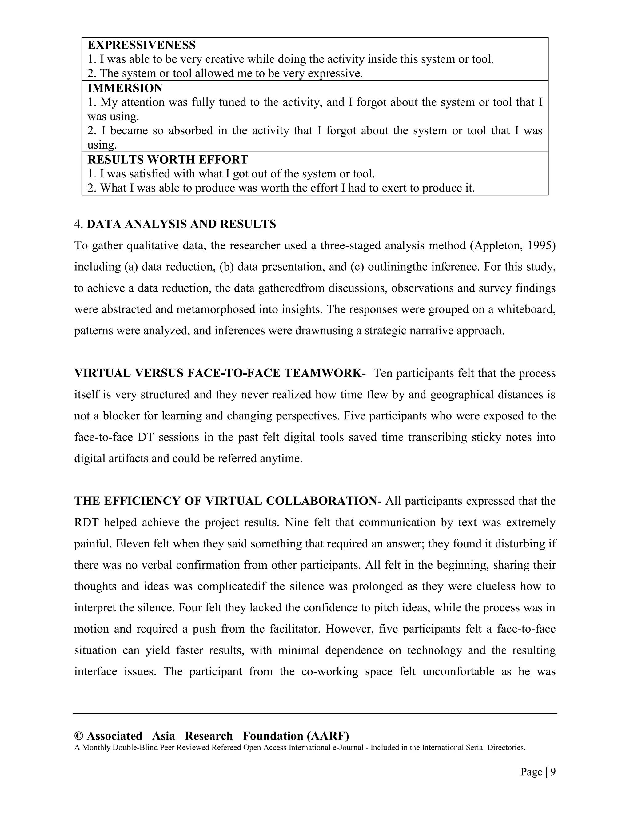 © Associated Asia Research Foundation (AARF)
A Monthly Double-Blind Peer Reviewed Refereed Open Access International e-Journal - Included in the International Serial Directories.
Page | 9
EXPRESSIVENESS
1. I was able to be very creative while doing the activity inside this system or tool.
2. The system or tool allowed me to be very expressive.
IMMERSION
1. My attention was fully tuned to the activity, and I forgot about the system or tool that I
was using.
2. I became so absorbed in the activity that I forgot about the system or tool that I was
using.
RESULTS WORTH EFFORT
1. I was satisfied with what I got out of the system or tool.
2. What I was able to produce was worth the effort I had to exert to produce it.
4. DATA ANALYSIS AND RESULTS
To gather qualitative data, the researcher used a three-staged analysis method (Appleton, 1995)
including (a) data reduction, (b) data presentation, and (c) outliningthe inference. For this study,
to achieve a data reduction, the data gatheredfrom discussions, observations and survey findings
were abstracted and metamorphosed into insights. The responses were grouped on a whiteboard,
patterns were analyzed, and inferences were drawnusing a strategic narrative approach.
VIRTUAL VERSUS FACE-TO-FACE TEAMWORK- Ten participants felt that the process
itself is very structured and they never realized how time flew by and geographical distances is
not a blocker for learning and changing perspectives. Five participants who were exposed to the
face-to-face DT sessions in the past felt digital tools saved time transcribing sticky notes into
digital artifacts and could be referred anytime.
THE EFFICIENCY OF VIRTUAL COLLABORATION- All participants expressed that the
RDT helped achieve the project results. Nine felt that communication by text was extremely
painful. Eleven felt when they said something that required an answer; they found it disturbing if
there was no verbal confirmation from other participants. All felt in the beginning, sharing their
thoughts and ideas was complicatedif the silence was prolonged as they were clueless how to
interpret the silence. Four felt they lacked the confidence to pitch ideas, while the process was in
motion and required a push from the facilitator. However, five participants felt a face-to-face
situation can yield faster results, with minimal dependence on technology and the resulting
interface issues. The participant from the co-working space felt uncomfortable as he was
 