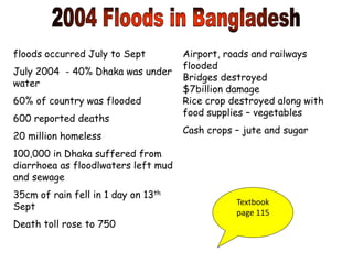 floods occurred July to Sept
July 2004 - 40% Dhaka was under
water
60% of country was flooded
600 reported deaths
20 million homeless
100,000 in Dhaka suffered from
diarrhoea as floodlwaters left mud
and sewage
35cm of rain fell in 1 day on 13th
Sept
Death toll rose to 750
Airport, roads and railways
flooded
Bridges destroyed
$7billion damage
Rice crop destroyed along with
food supplies – vegetables
Cash crops – jute and sugar
Textbook
page 115
 