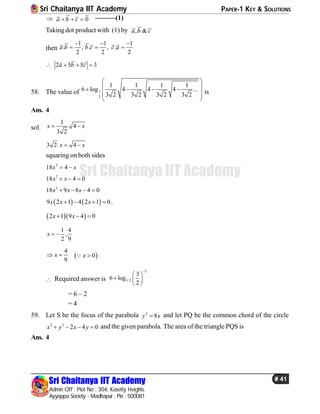 Sri Chaitanya IIT Academy PAPER-1 KEY & SOLUTIONS
Sri Chaitanya IIT Academy
Admin Off : Plot No : 304, Kasetty Heights.
Ayyappa Society - Madhapur , Pin : 500081
# 41
Sri Chaitanya IIT Academy
 0a b c   ––––––(1)
Takingdot product with (1) by , &a b c
then
1 1 1
. , . , .
2 2 2
a b b c c a
  
  
2 5 5 3a b c   
58. The value of 3
2
1 1 1 1
6 log 4 4 4 ...
3 2 3 2 3 2 3 2
 
    
 
 
is
Ans. 4
sol.
1
4
3 2
x x 
3 2 4x x 
squaring on both sides
2
18 4x x 
2
18 4 0x x  
2
18 9 8 4 0x x x   
   9 2 1 4 2 1 0x x x    .
  2 1 9 4 0x x  
1 4
,
2 9
x  
4
9
x   0x 
 Required answer is
2
3/2
3
6 log
2

 
  
 
= 6 – 2
= 4
59. Let S be the focus of the parabola 2
8y x and let PQ be the common chord of the circle
2 2
2 4 0x y x y    and the given parabola. The area of the triangle PQS is
Ans. 4
 