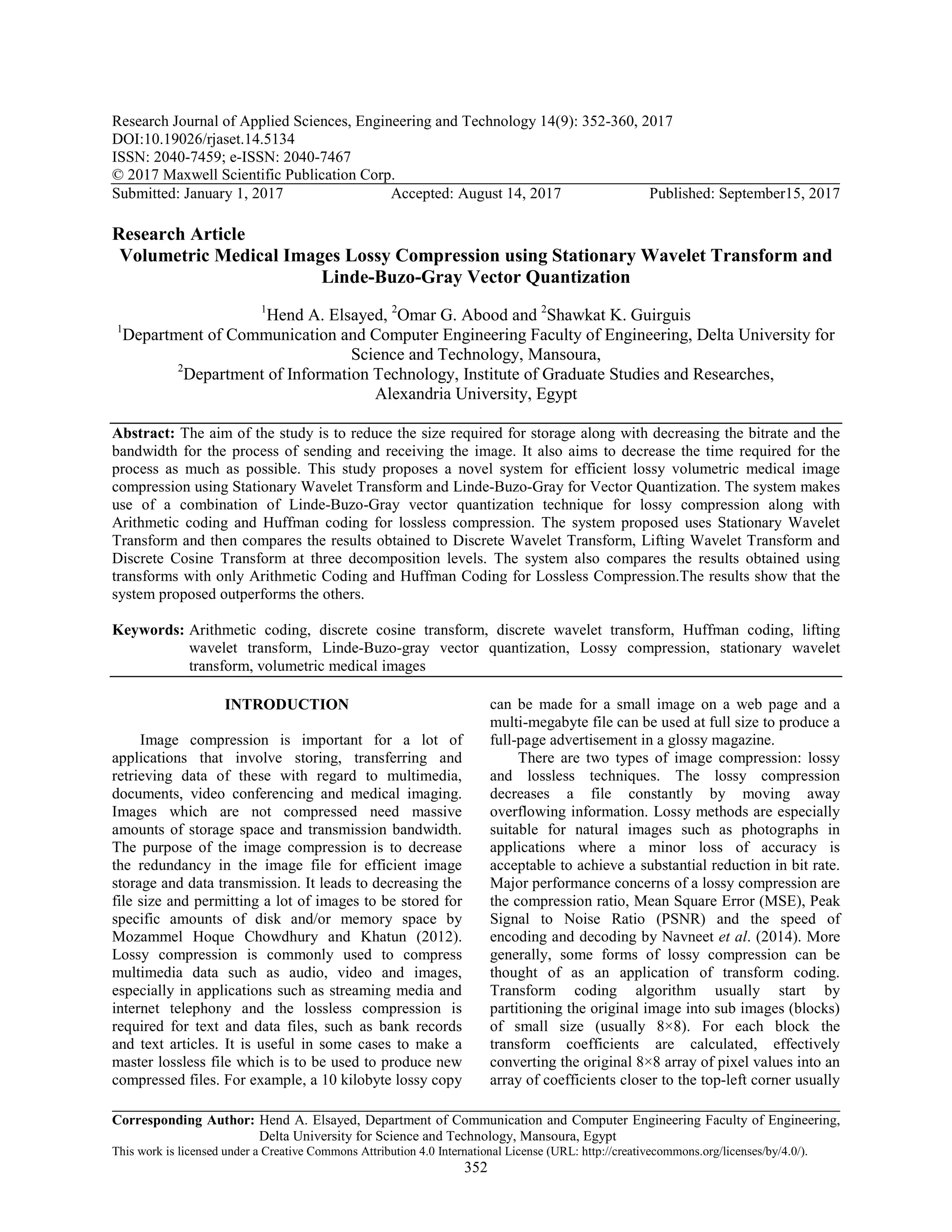 Volumetric Medical Images Lossy Compression using Stationary Wavelet ...