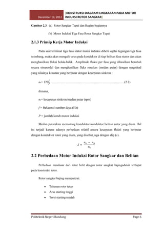 [KONSTRUKSI DIAGRAM LINGKARAN PADA MOTOR
December 19, 2012 INDUKSI ROTOR SANGKAR]
Gambar 2.3 (a) Rotor Sangkar Tupai dan Bagian-bagiannya
(b) Motor Induksi Tiga Fasa Rotor Sangkar Tupai

2.1.3 Prinsip Kerja Motor Induksi
Pada saat terminal tiga fasa stator motor induksi diberi suplai tegangan tiga fasa
seimbang, maka akan mengalir arus pada konduktor di tiap belitan fasa stator dan akan
menghasilkan fluksi bolak-balik . Amplitudo fluksi per fasa yang dihasilkan berubah
secara sinusoidal dan menghasilkan fluks resultan (medan putar) dengan magnitud
yang nilainya konstan yang berputar dengan kecepatan sinkron :
ns= 120 …………………………………………………………… (2.2)
dimana,
ns= kecepatan sinkron/medan putar (rpm)
f = frekuensi sumber daya (Hz)
P = jumlah kutub motor induksi
Medan putarakan memotong konduktor-konduktor belitan rotor yang diam. Hal
ini terjadi karena adanya perbedaan relatif antara kecepatan fluksi yang berputar
dengan konduktor rotor yang diam, yang disebut juga dengan slip (s).

2.2 Perbedaan Motor Induksi Rotor Sangkar dan Belitan
Perbedaan mendasar dari rotor belit dengan rotor sangkar bajingadalah terdapat
pada konstruksi rotor.
Rotor sangkar bajing mempunyai:
Tahanan rotor tetap
Arus starting tinggi
Torsi starting rendah

Politeknik Negeri Bandung

Page 6

 