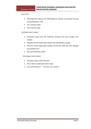 [KONSTRUKSI DIAGRAM LINGKARAN PADA MOTOR
December 19, 2012 INDUKSI ROTOR SANGKAR]
Rotor belit:
Memungkinkan tahanan luar dihubungkan ke tahanan rotormelalui slip ring
yang terhubung ke sikat.
Arus starting rendah
Torsi starting tinggi
Kelebihan motor induksi:
Konstruksi sangat kuat dan sederhana terutama bila motor dengan rotor
sangkar.
Harganya relatif murah untuk industri dan kehandalannya tinggi.
Effisiensi relatif tinggi pada keadaan normal dan tidak ada sikat sehingga
rugi gesekan kecil.
Biaya pemeliharaan rendah.
Kekurangan motor induksi:
Kecepatan tidak mudah dikontrol
Power faktor rendah pada beban ringan
Arus start biasanya 5 – 7 kali dari arus nominal

Politeknik Negeri Bandung

Page 7

 