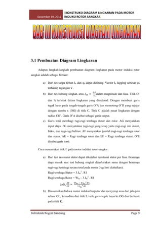 [KONSTRUKSI DIAGRAM LINGKARAN PADA MOTOR
December 19, 2012 INDUKSI ROTOR SANGKAR]

3.1 Pembuatan Diagram Lingkaran
Adapun langkah-langkah pembuatan diagram lingkaran pada motor induksi rotor
sangkar adalah sebagai berikut:
a) Dari tes tanpa beban I0 dan φ0 dapat dihitung. Vector I0 lagging sebesar φ0
terhadap tegangan V.
b) Dari tes hubung singkat, arus

dalam magnitude dan fasa. Titik O’

dan A terletak dalam lingkaran yang dimaksud. Dengan membuat garis
tegak lurus pada tengah-tengah garis O’A dan memotong O’D yang sejajar
dengan sumbu x (OG) di titik C. Titik C adalah pusat lingkaran dengan
radius CO’. Garis O’A disebut sebagai garis output.
c) Garis torsi membagi rugi-rugi tembaga stator dan rotor. AG menyatakan
input daya. FG menyatakan rugi-rugi yang tetap yaitu rugi-rugi inti stator,
friksi, dan rugi-rugi belitan. AF menyatakan jumlah rugi-rugi tembaga rotor
dan stator. AE = Rugi tembaga rotor dan EF = Rugi tembaga stator. O’E
disebut garis torsi.
Cara menentukan titik E pada motor induksi rotor sangkar:
a) Dari test resistansi stator dapat diketahui resistansi stator per fasa. Besarnya
daya masuk saat test hubung singkat diperkirakan sama dengan besarnya
rugi-rugi tembaga secara total pada motor (rugi inti diabaikan).
Rugi tembaga Stator = 3.Ihs2 . R1
Rugi tembaga Rotor = Whs – 3.Ihs2 . R1
Jadi,
b) Diasumsikan bahwa motor induksi berputar dan menyerap arus dari jala-jala
sebsar OL, kemudian dari titik L tarik garis tegak lurus ke OG dan berhenti
pada titik K.

Politeknik Negeri Bandung

Page 9

 