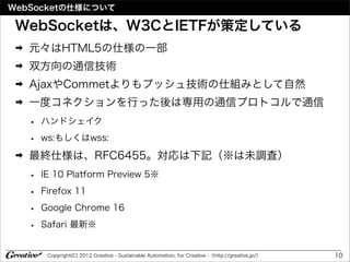 WebSocketの仕様について

 WebSocketは、W3CとIETFが策定している
 ➡   元々はHTML5の仕様の一部
 ➡   双方向の通信技術
 ➡   AjaxやCommetよりもプッシュ技術の仕組みとして自然
 ➡   一度コネクションを行った後は専用の通信プロトコルで通信
     •   ハンドシェイク

     •   ws:もしくはwss:
 ➡   最終仕様は、RFC6455。対応は下記（※は未調査）
     •   IE 10 Platform Preview 5※

     •   Firefox 11

     •   Google Chrome 16

     •   Safari 最新※


          Copyright(C) 2012 Greative - Sustainable Automation, for Creative -（http://greative.jp/）   10
 