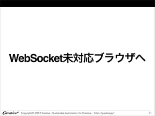 WebSocket未対応ブラウザへ



 Copyright(C) 2012 Greative - Sustainable Automation, for Creative -（http://greative.jp/）   11
 