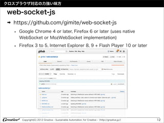 クロスブラウザ対応の力強い味方

web-socket-js
➡   https://github.com/gimite/web-socket-js
    •   Google Chrome 4 or later, Firefox 6 or later (uses native
        WebSocket or MozWebSocket implementation)

    •   Firefox 3 to 5, Internet Explorer 8, 9 + Flash Player 10 or later




         Copyright(C) 2012 Greative - Sustainable Automation, for Creative -（http://greative.jp/）   12
 
