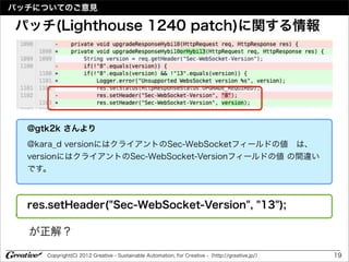 パッチについてのご意見

パッチ(Lighthouse 1240 patch)に関する情報




    @gtk2k さんより
    @kara_d versionにはクライアントのSec-WebSocketフィールドの値 は、 
    versionにはクライアントのSec-WebSocket-Versionフィールドの値 の間違い
    です。



    res.setHeader("Sec-WebSocket-Version", "13");
➡

    が正解？

       Copyright(C) 2012 Greative - Sustainable Automation, for Creative -（http://greative.jp/）   19
 