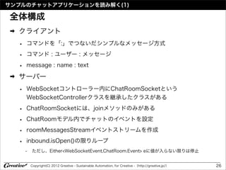 サンプルのチャットアプリケーションを読み解く(1)

全体構成
➡   クライアント
    •   コマンドを「:」でつないだシンプルなメッセージ方式

    •   コマンド : ユーザー : メッセージ

    •   message : name : text
➡   サーバー
    •   WebSocketコントローラー内にChatRoomSocketという
        WebSocketControllerクラスを継承したクラスがある

    •   ChatRoomSocketには、joinメソッドのみがある

    •   ChatRoomモデル内でチャットのイベントを設定

    •   roomMessagesStreamイベントストリームを作成

    •   inbound.isOpen()の限りループ
        -   ただし、Either<WebSocketEvent,ChatRoom.Event> eに値が入らない限りは停止


            Copyright(C) 2012 Greative - Sustainable Automation, for Creative -（http://greative.jp/）   26
 