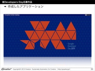 某Developers Day応募作品
 ➡   作成したアプリケーション




      Copyright(C) 2012 Greative - Sustainable Automation, for Creative -（http://greative.jp/）   33
 