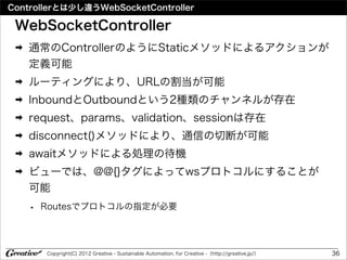 Controllerとは少し違うWebSocketController

 WebSocketController
 ➡   通常のControllerのようにStaticメソッドによるアクションが
     定義可能
 ➡   ルーティングにより、URLの割当が可能
 ➡   InboundとOutboundという2種類のチャンネルが存在
 ➡   request、params、validation、sessionは存在
 ➡   disconnect()メソッドにより、通信の切断が可能
 ➡   awaitメソッドによる処理の待機
 ➡   ビューでは、@@{}タグによってwsプロトコルにすることが
     可能
     •   Routesでプロトコルの指定が必要




         Copyright(C) 2012 Greative - Sustainable Automation, for Creative -（http://greative.jp/）   36
 