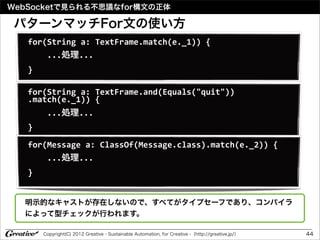 WebSocketで見られる不思議なfor構文の正体

 パターンマッチFor文の使い方
   for(String	
  a:	
  TextFrame.match(e._1))	
  {
   	
  	
  	
  	
  ...処理...
   }

   for(String	
  a:	
  TextFrame.and(Equals("quit"))
   .match(e._1))	
  {
   	
  	
  	
  	
  ...処理...
   }

   for(Message	
  a:	
  ClassOf(Message.class).match(e._2))	
  {
   	
  	
  	
  	
  ...処理...
   }


  明示的なキャストが存在しないので、すべてがタイプセーフであり、コンパイラ
  によって型チェックが行われます。

        Copyright(C) 2012 Greative - Sustainable Automation, for Creative -（http://greative.jp/）   44
 