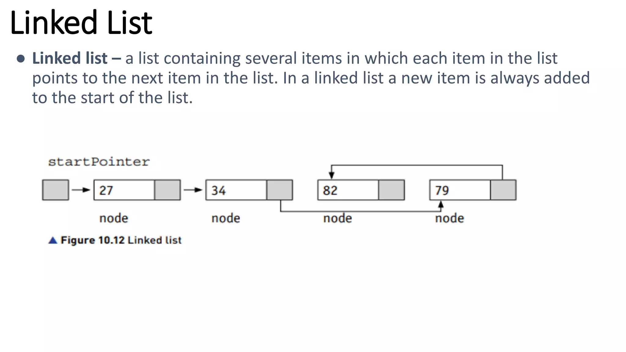 Linked List
● Linked list – a list containing several items in which each item in the list
points to the next item in the list. In a linked list a new item is always added
to the start of the list.
 
