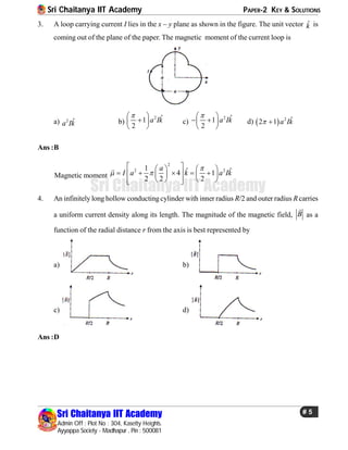 Sri Chaitanya IIT Academy PAPER-2 KEY & SOLUTIONS
Sri Chaitanya IIT Academy
Admin Off : Plot No : 304, Kasetty Heights.
Ayyappa Society - Madhapur , Pin : 500081
# 5
Sri Chaitanya IIT Academy
3. A loop carrying current I lies in the x – y plane as shown in the figure. The unit vector ˆk is
coming out of the plane of the paper. The magnetic moment of the current loop is
a) 2 ˆa Ik b)
2 ˆ1
2
a Ik
 
 
 
c)
2 ˆ1
2
a Ik
 
  
 
d)   2 ˆ2 1 a Ik 
Ans :B
Magnetic moment
2
2 21 ˆ ˆ4 1
2 2 2
a
I a k a Ik

 
    
        
     

4. An infinitely long hollow conductingcylinder with inner radius R/2 and outer radius Rcarries
a uniform current density along its length. The magnitude of the magnetic field, B

as a
function of the radial distance r from the axis is best represented by
a) b)
c) d)
Ans :D
 