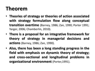 Theorem
• Theories of strategy or theories of action associated
with strategy formulation flow along conceptual
transition overtime (Barney, 1986; Zan, 1990; Porter 1991;
Yarger, 2006; Chamberlin, 2010).
• There is a proposal for an integrative framework for
theory of strategy in managerial decisions and
actions (Barney, 1986; Zan, 1990).
• Also, there has been a long standing progress in the
field with emphasis on dynamic theory of strategy;
and cross-sectional and longitudinal problems in
organizational environment (Porter,1991).
 