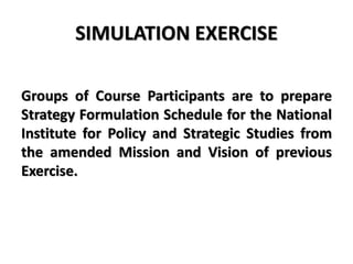 SIMULATION EXERCISE
Groups of Course Participants are to prepare
Strategy Formulation Schedule for the National
Institute for Policy and Strategic Studies from
the amended Mission and Vision of previous
Exercise.
 